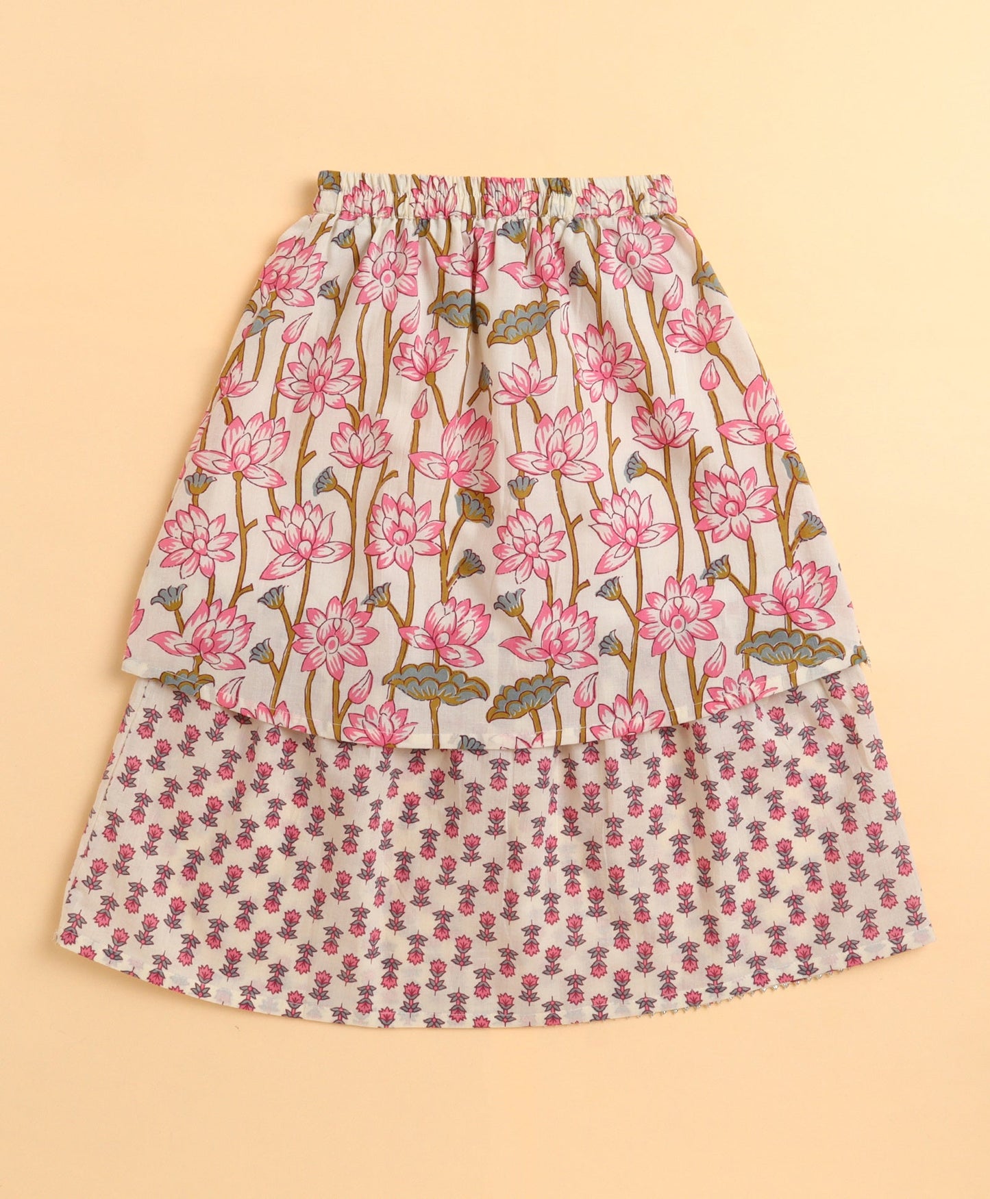 The Magic Wand Cambric Cotton Frill Sleeves Floral Printed Top and Double Layered Long Skirt Set - Off White