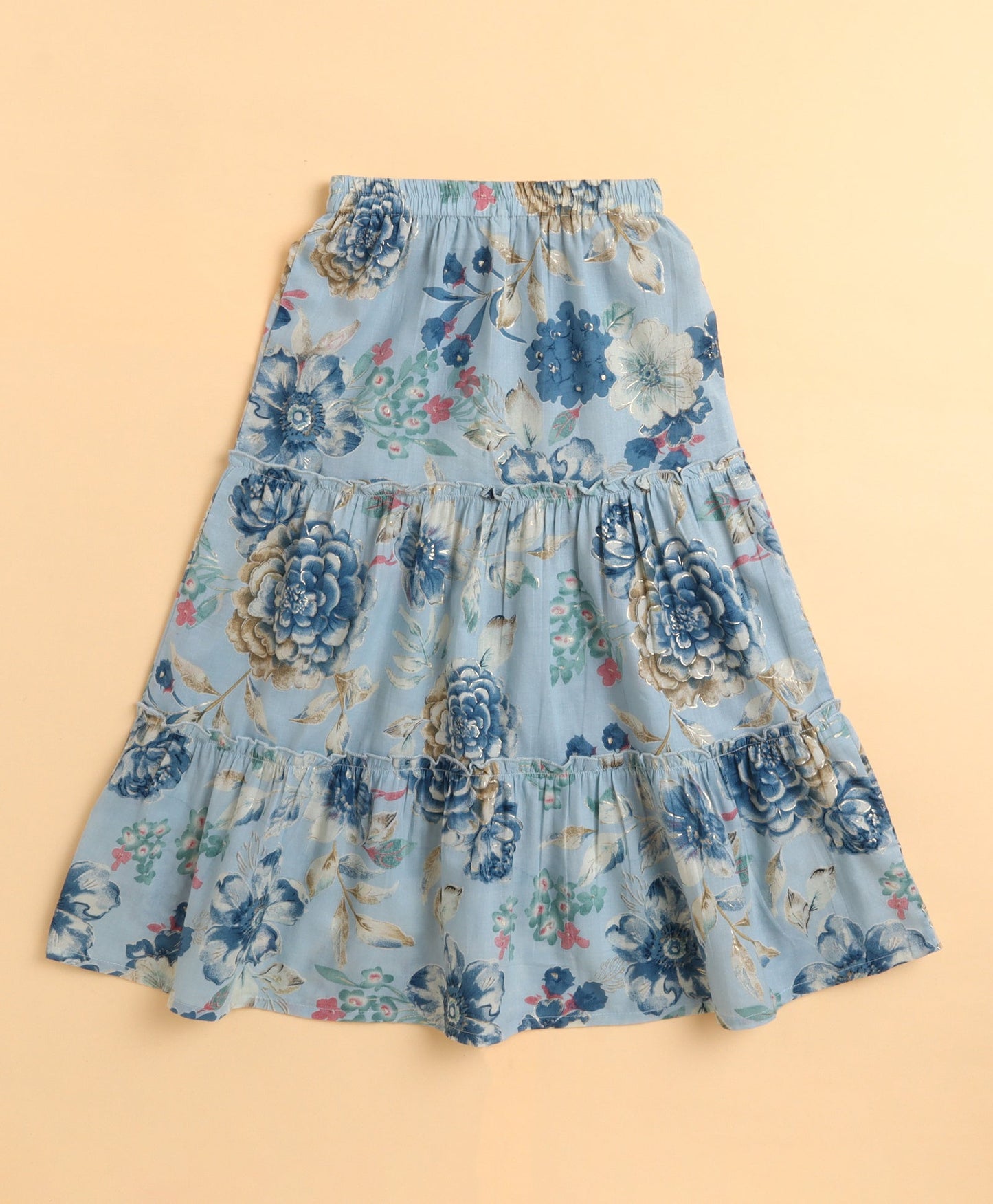 The Magic Wand Cambric Cotton Sleeveless Floral Printed Top and Long Skirt Set - Blue