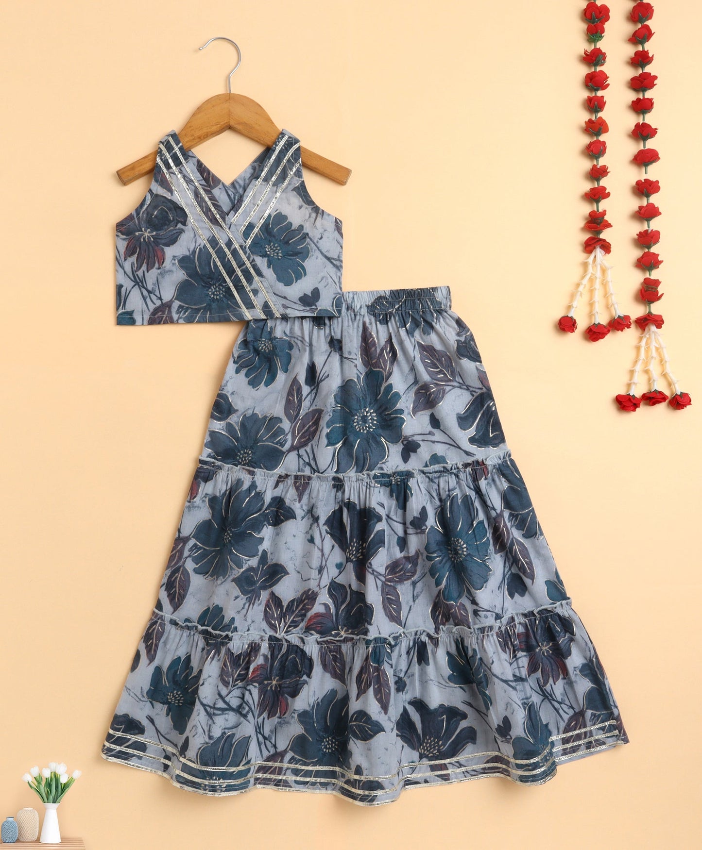 The Magic Wand Cambric Cotton Sleeveless Floral Printed Top and Long Skirt Set - Grey