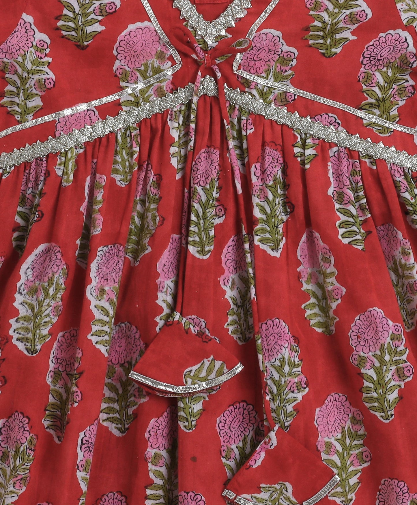 The Magic Wand Cambric Cotton Half Sleeves Hand Block Printed Gota Lace Kurta and Sharara with Dupatta Set - Red
