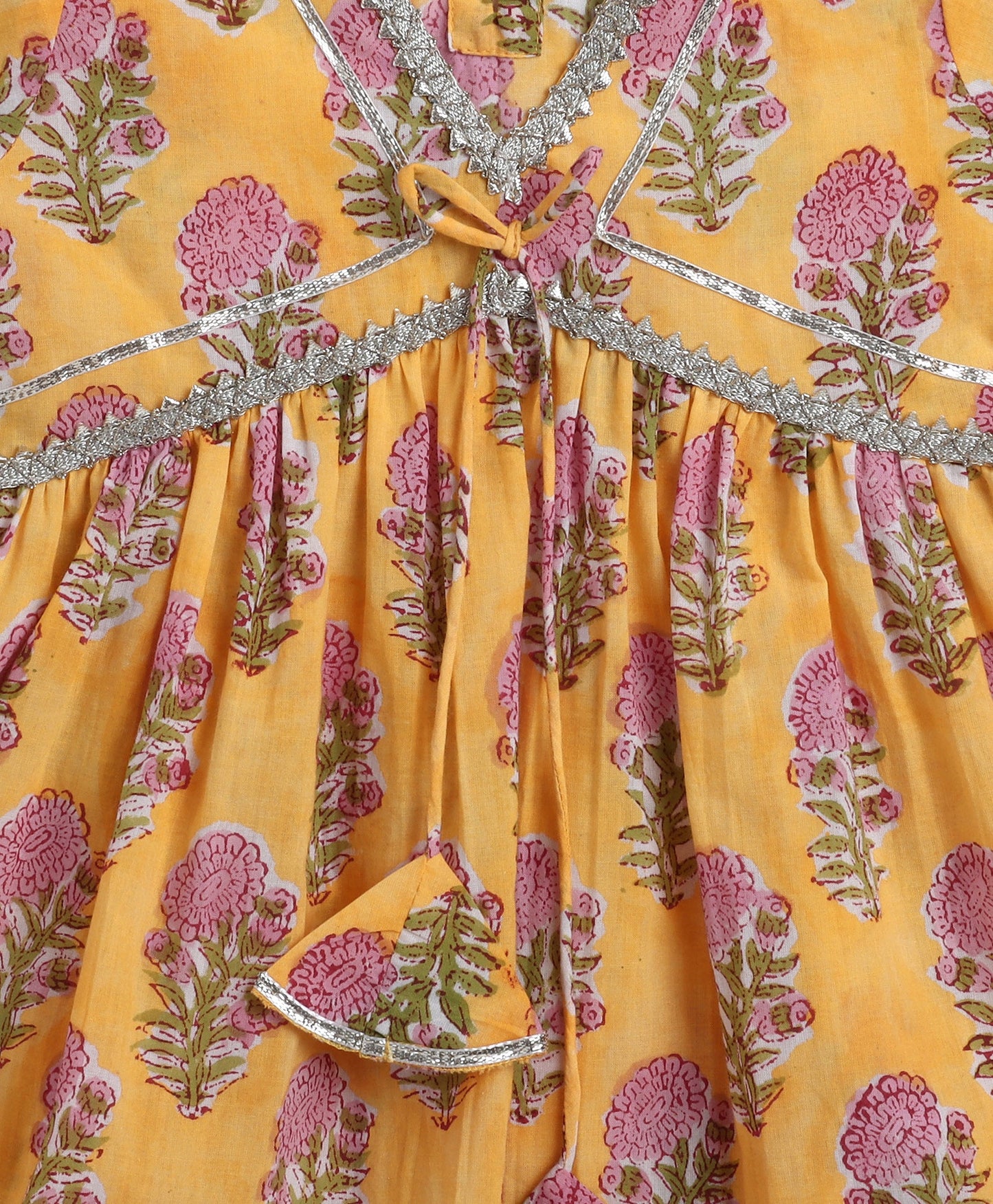 The Magic Wand Cambric Cotton Half Sleeves Hand Block Printed Gota Lace Kurta and Sharara with Dupatta Set - Yellow