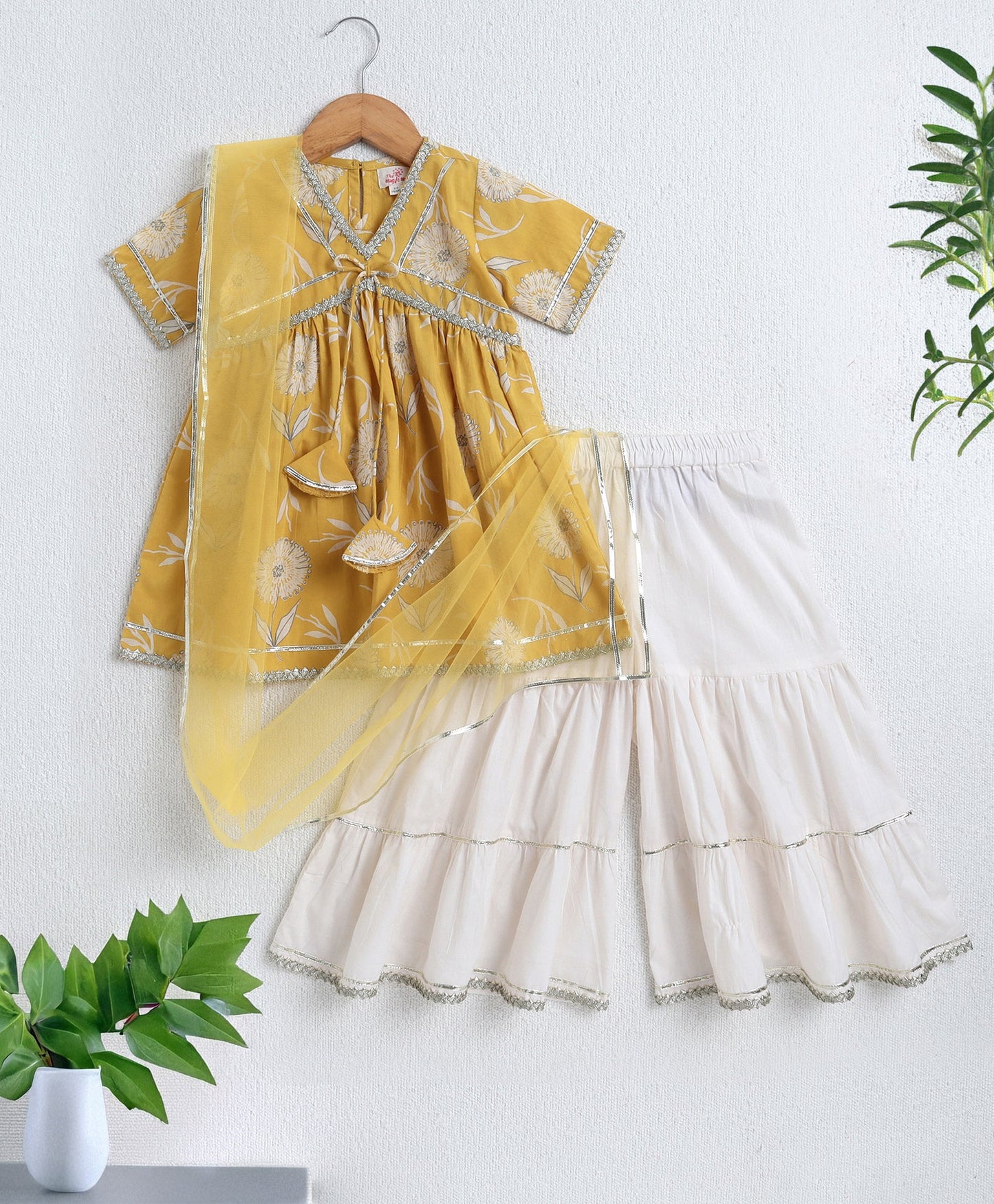The Magic Wand Cambric Cotton Half Sleeves Hand Block Printed Gota Lace Kurta and Sharara with Dupatta Set - Mustard