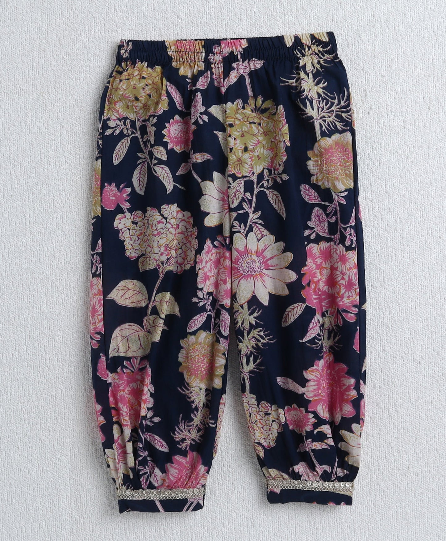 The Magic Wand Cotton Woven Half Sleeves Solid Kurta & Floral Printed Ballon Pant with Dupatta- Navy Blue