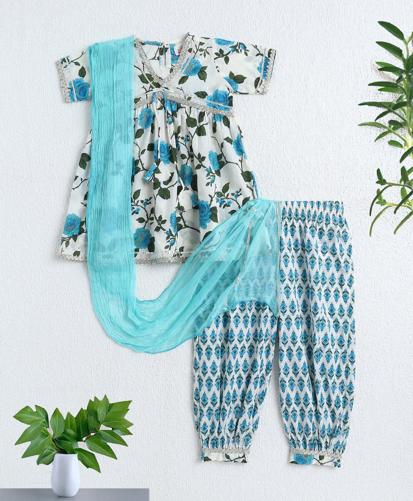 The Magic Wand Cotton Woven Half Sleeves Floral Printed Kurta & Pant with Dupatta - Blue