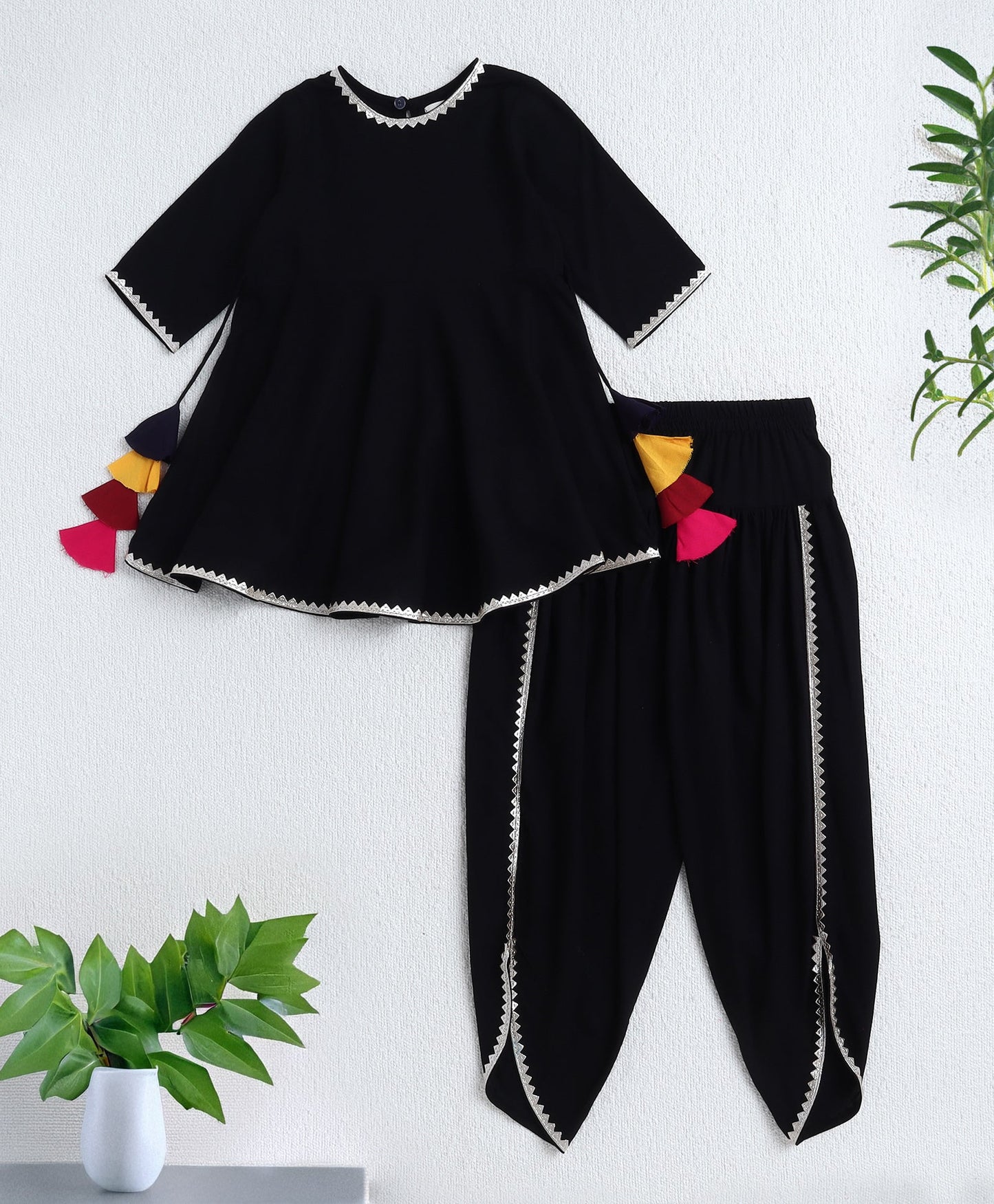 The Magic Wand Rayon Woven Elbow Sleeves Solid Anarkali Kurta with Dhoti Pants- Black