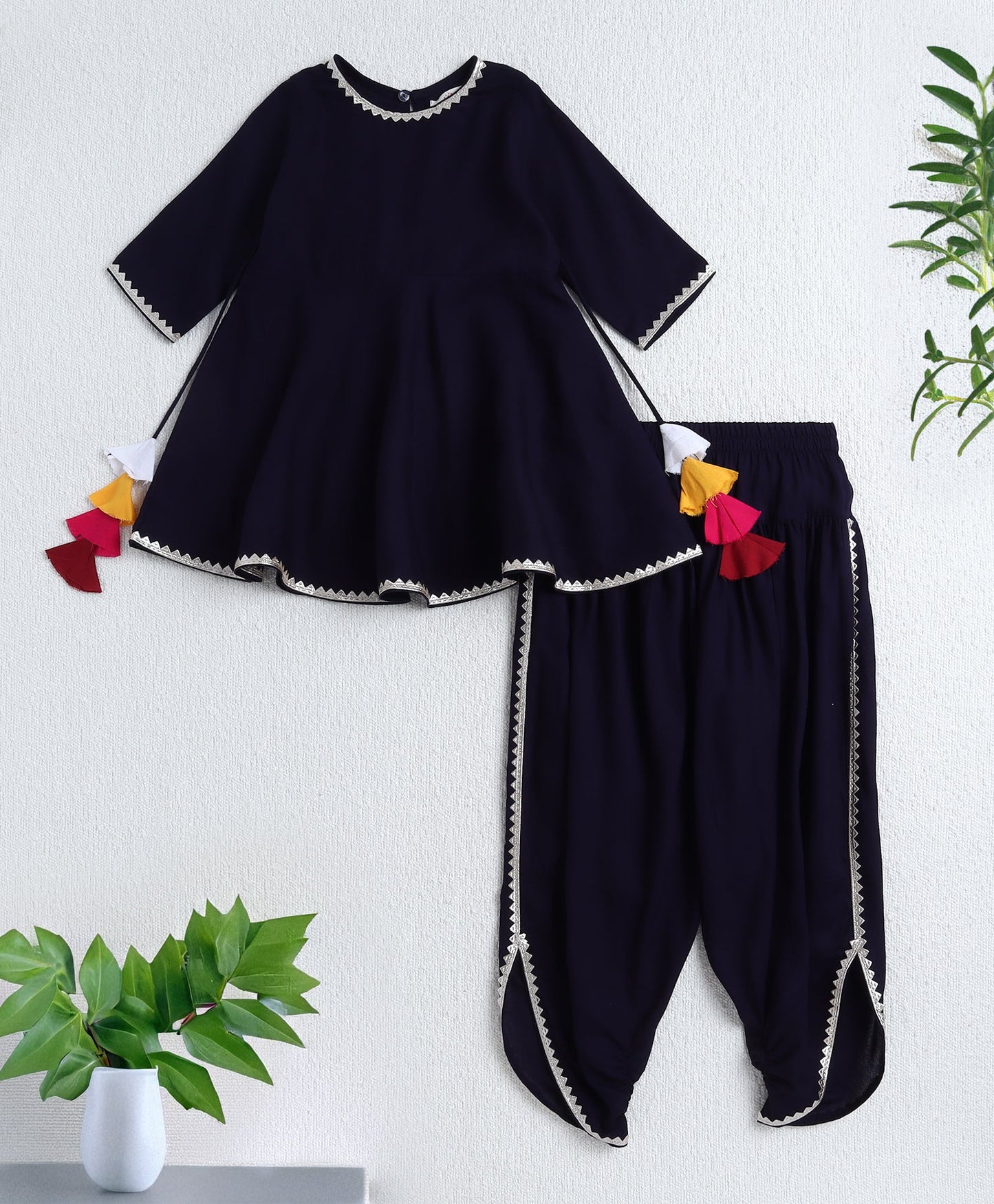 The Magic Wand Rayon Woven Elbow Sleeves Solid Anarkali Kurta with Dhoti Pants- Navy Blue
