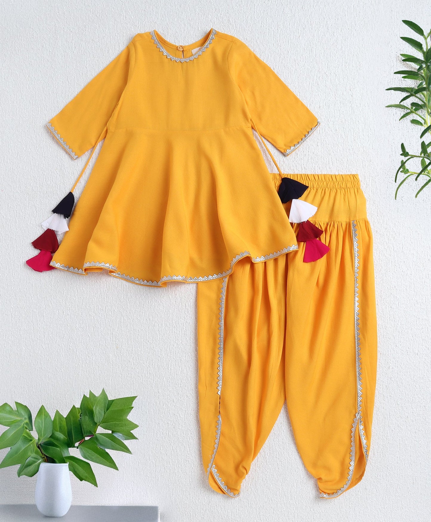 The Magic Wand Rayon Woven Elbow Sleeves Solid Anarkali Kurta with Dhoti Pants- Yellow