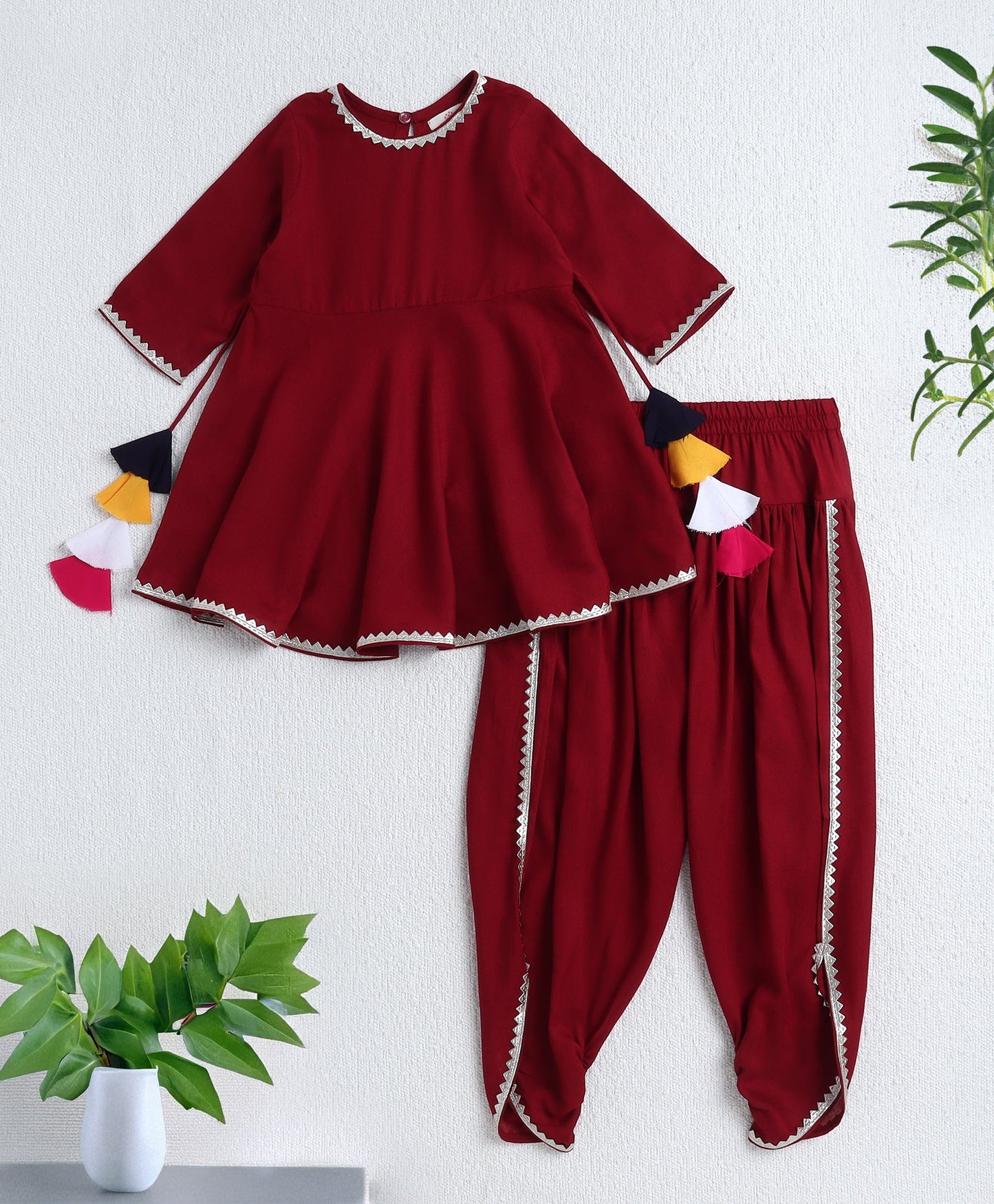 The Magic Wand Rayon Woven Elbow Sleeves Solid Anarkali Kurta with Dhoti Pants- Maroon
