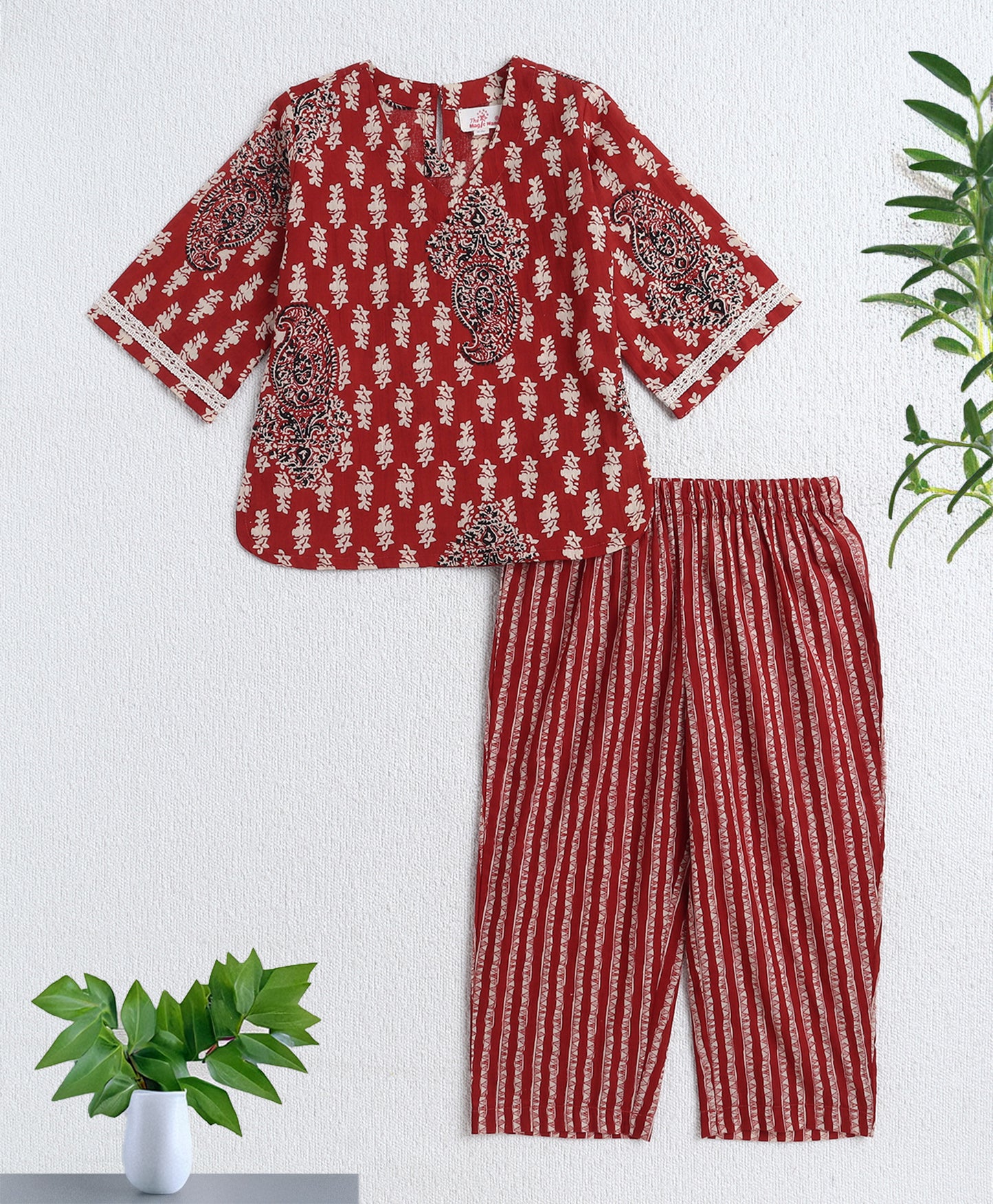 Cotton Woven Three Fourth Sleeves AII Over Printed Top and Bottom Set- Maroon