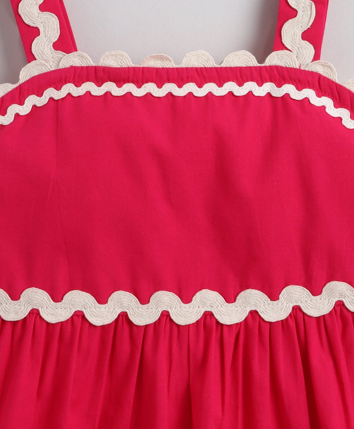 The Magic Wand Cotton Woven Strappy Ric Rac Gathered Dress - Fuschia