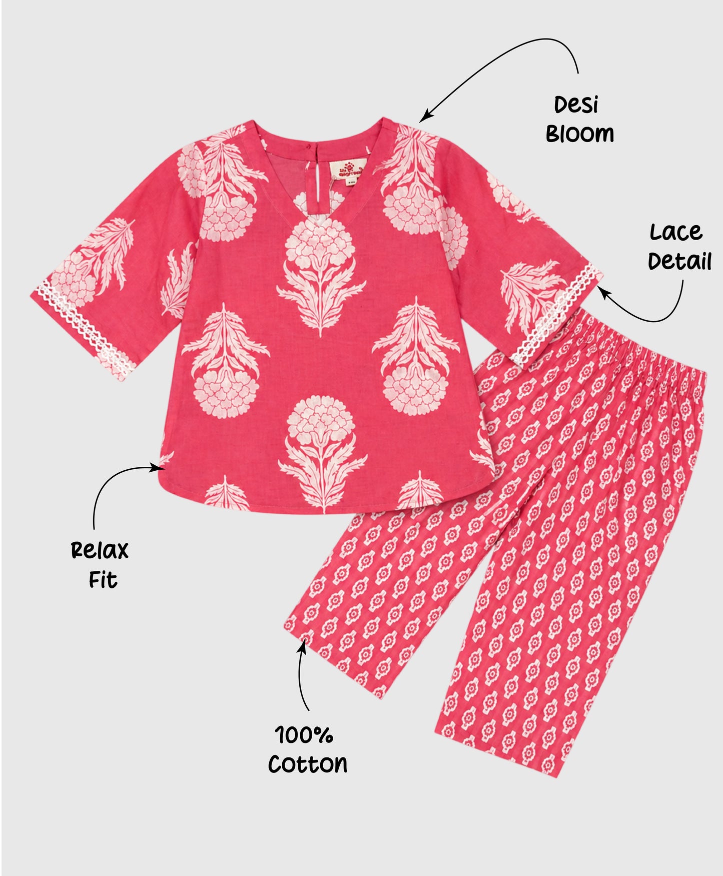 The Magic Wand Cotton Woven Three Fourth Sleeves Floral Printed Top And Pant Loungewear Set - Coral