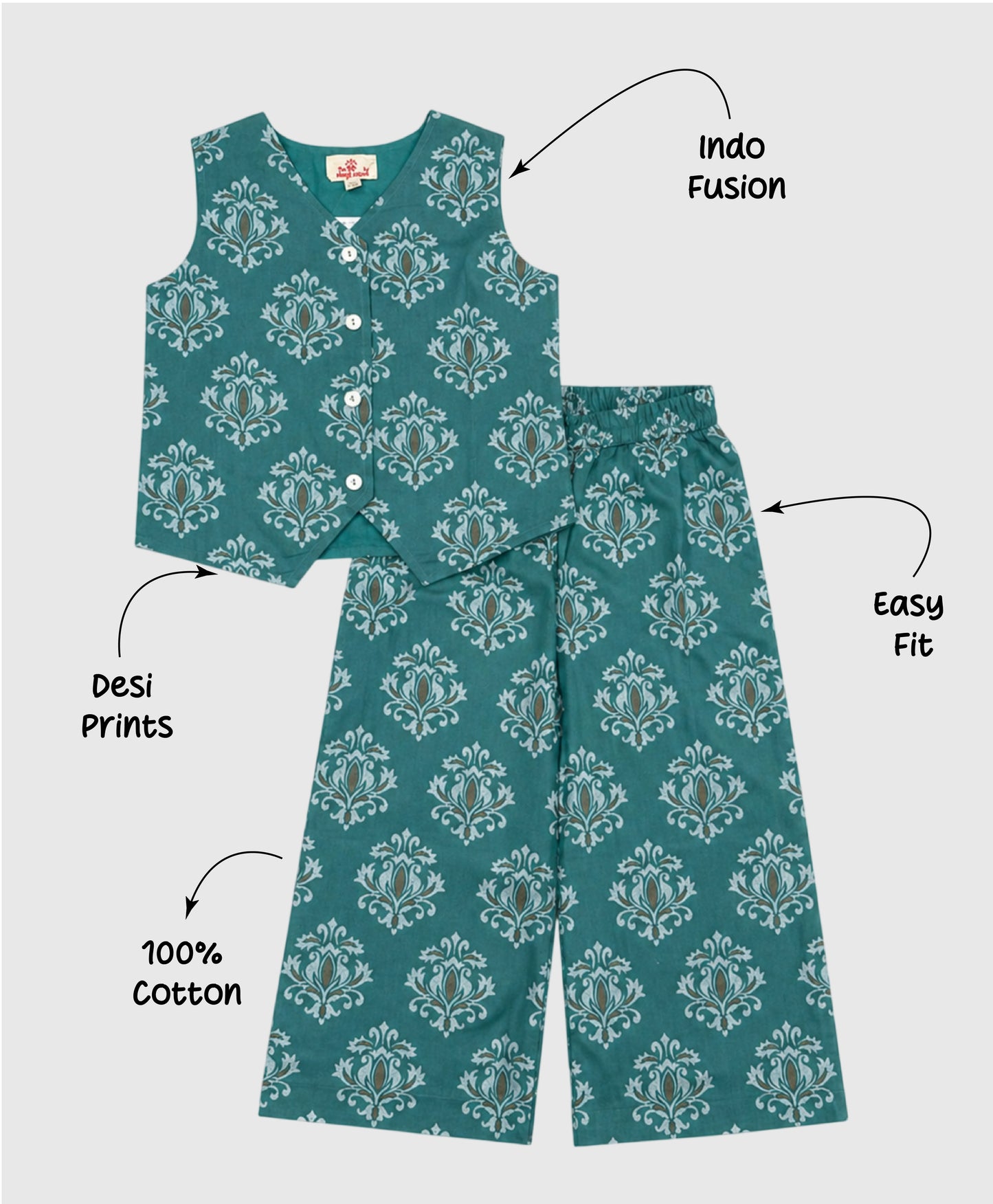 The Magic Wand Cotton Woven Sleeveless Floral Printed Waistcoat Top And Pant Set - Sea Green