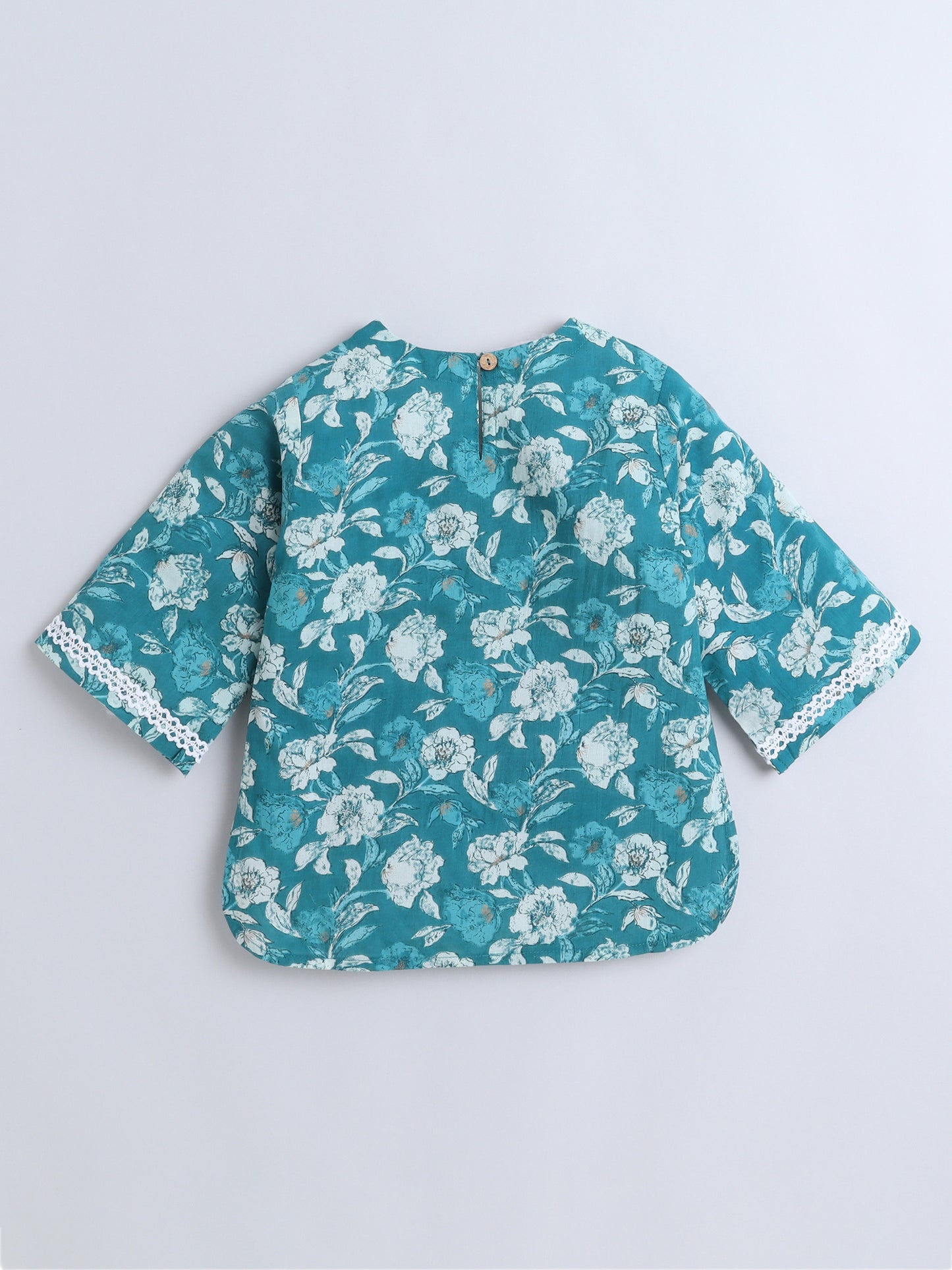 Floral Printed Cotton Lace Embelished 3/4th Sleeves Top and Pant Night Wear Lounge Wear Set For Girls Blue