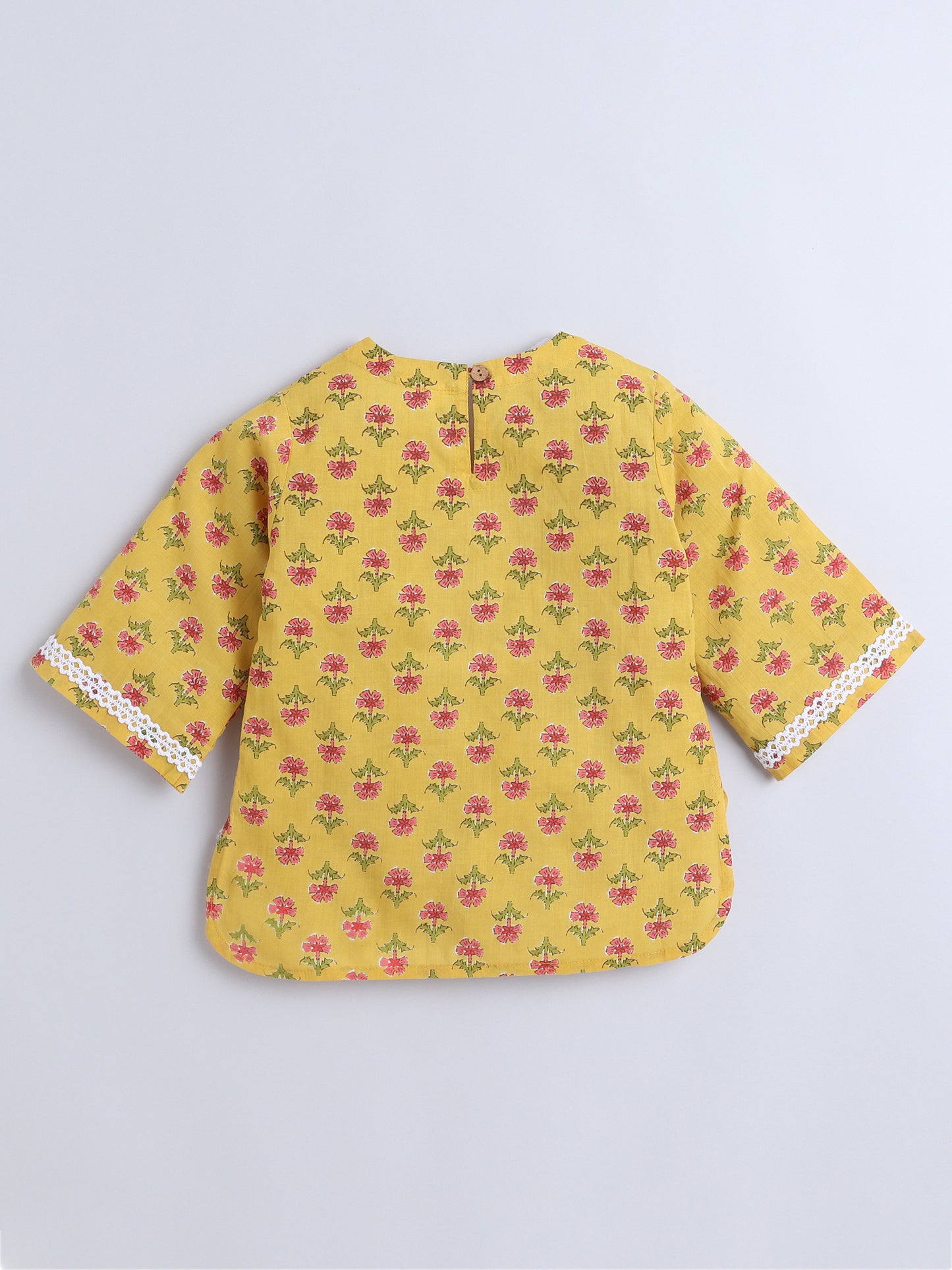Hand Floral Printed Cotton Lace Embelished 3/4th Sleeves Top and Pant Night Wear Lounge Wear Set For Girls Yellow