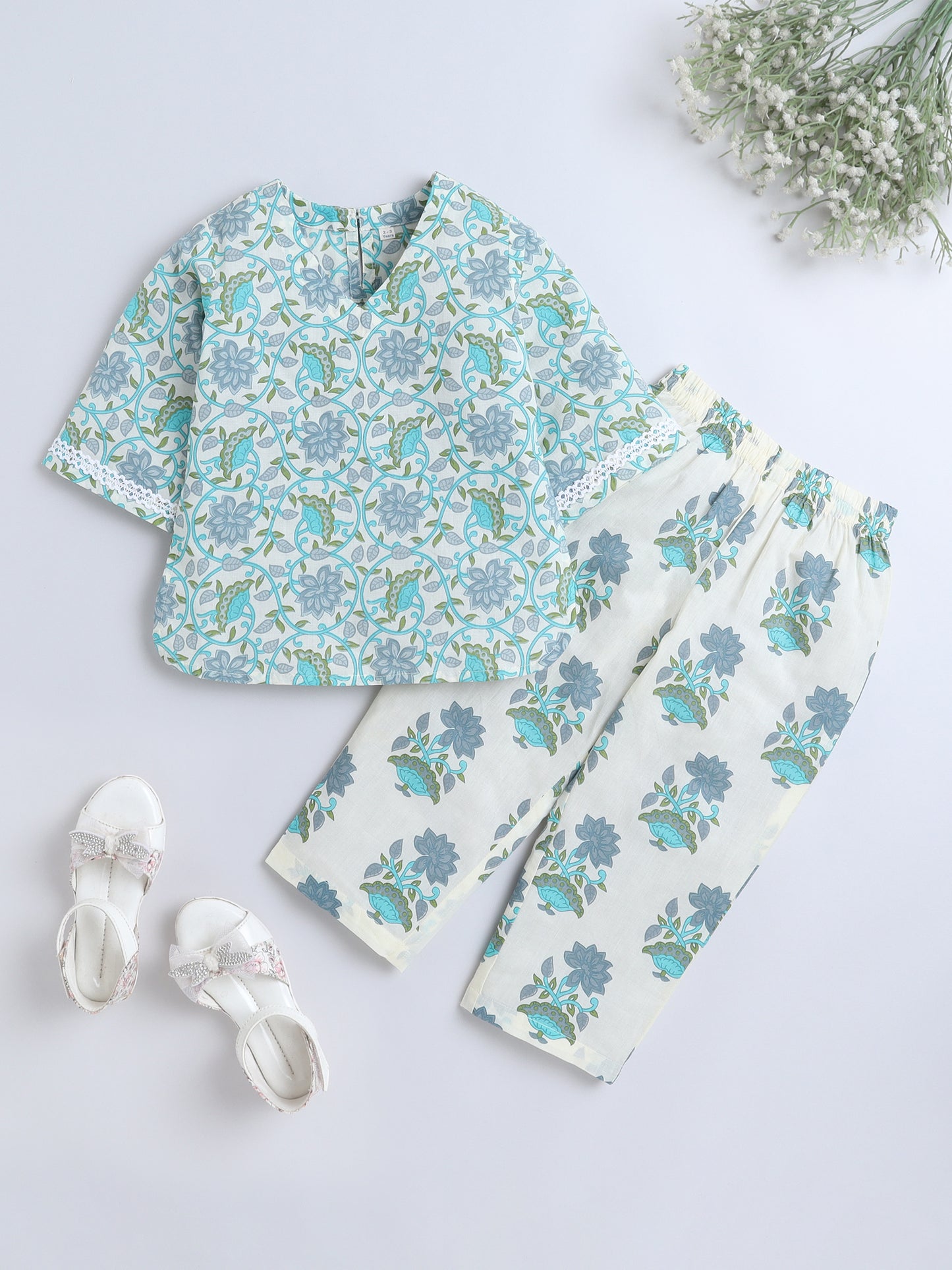 Floral Printed Cotton Lace Embelished 3/4th Sleeves Top and Pant Night Wear Lounge Wear Set For Girls Green