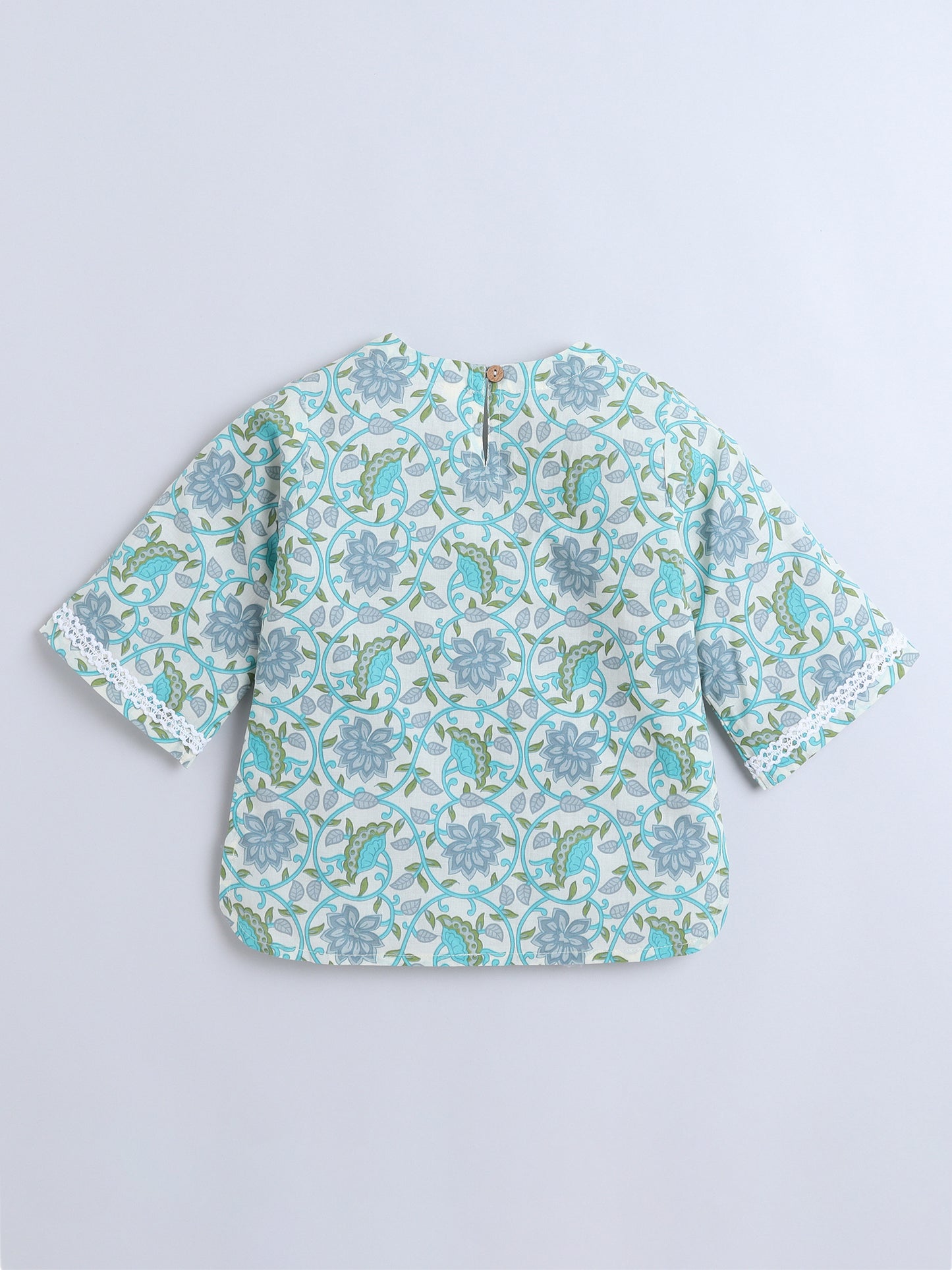 Floral Printed Cotton Lace Embelished 3/4th Sleeves Top and Pant Night Wear Lounge Wear Set For Girls Green