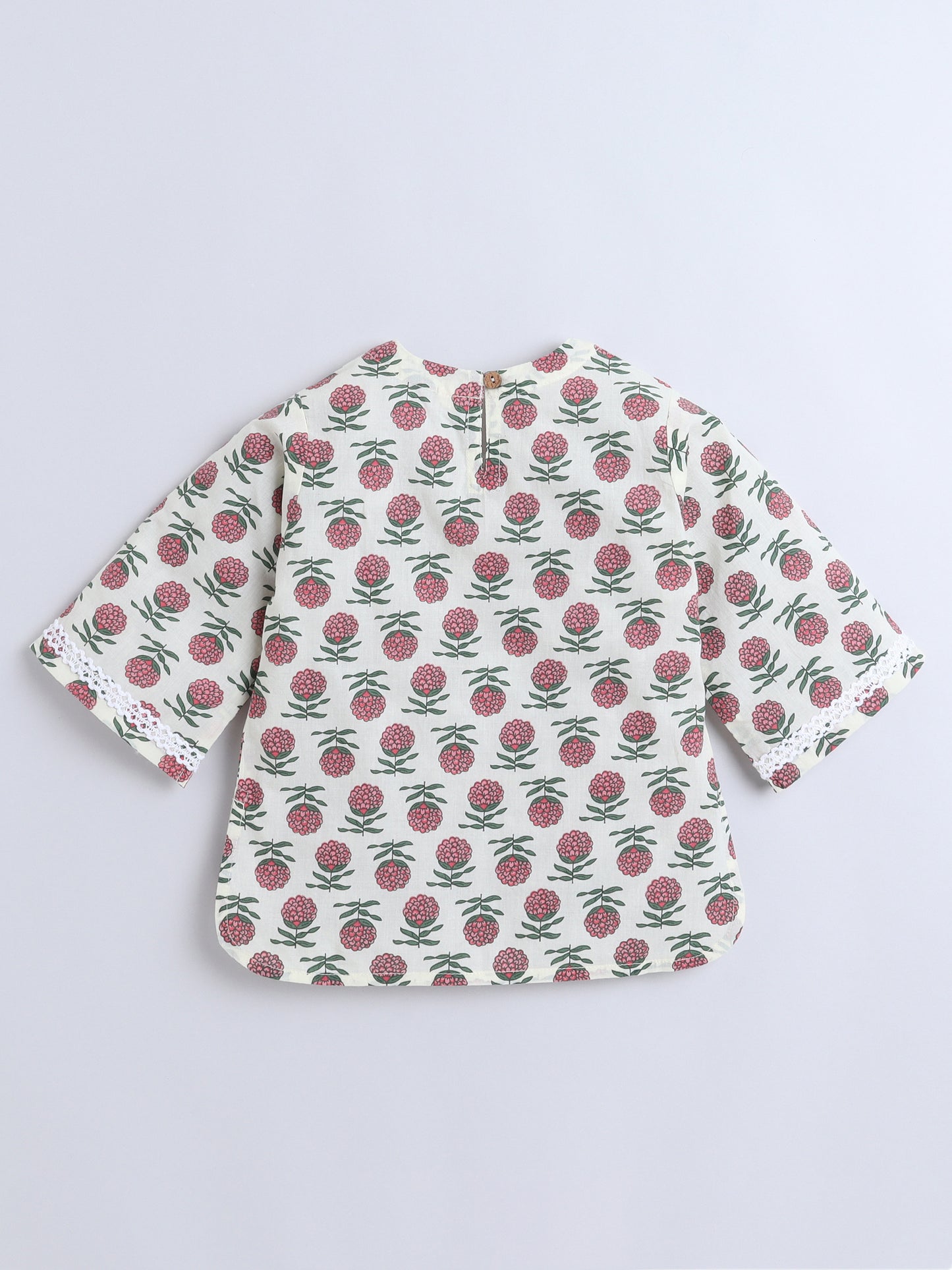 Floral Printed Cotton Lace Embelished 3/4th Sleeves Top and Pant Night Wear Lounge Wear Set For Girls Pink