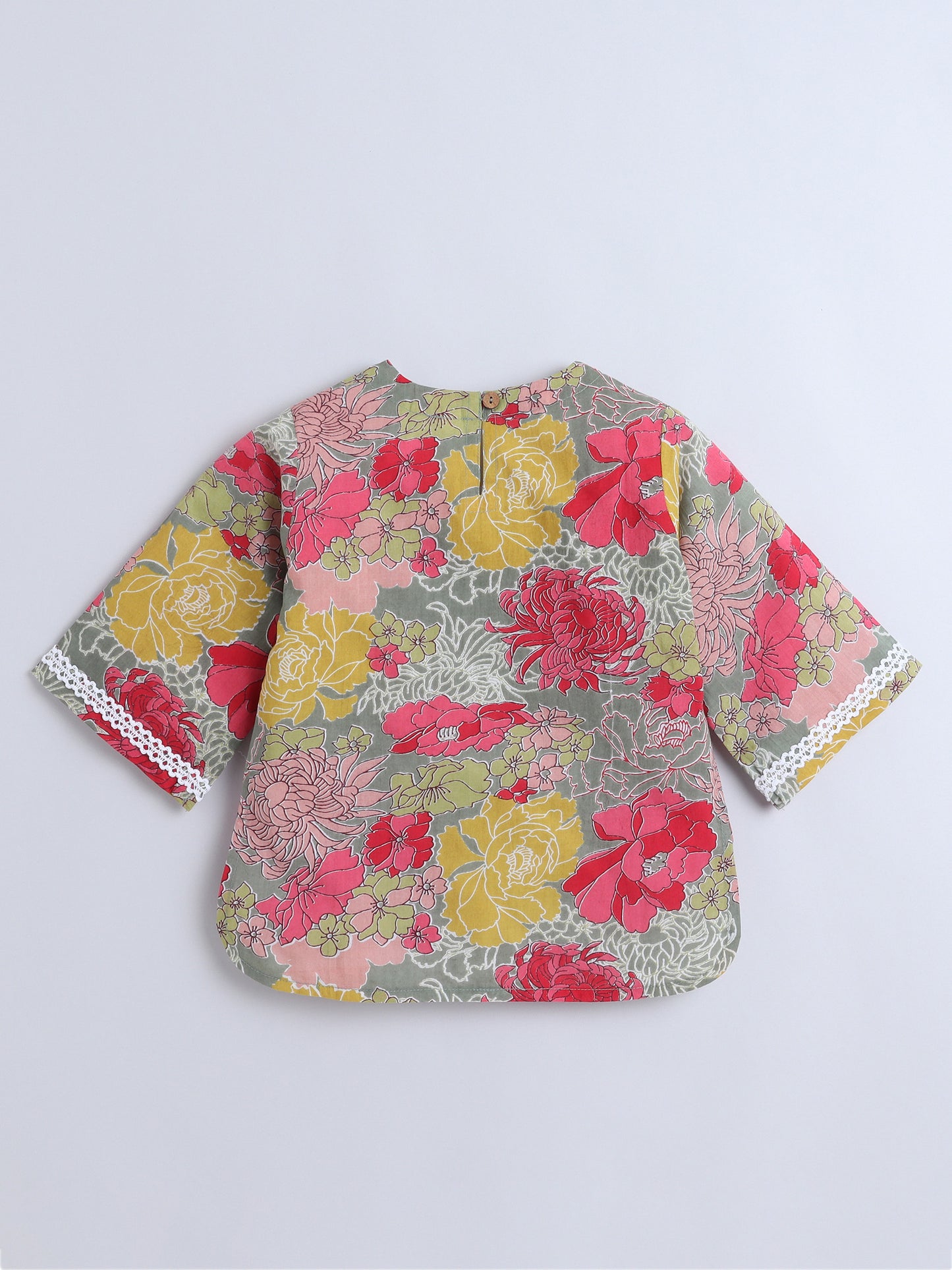 Floral Printed Cotton Lace Embelished 3/4th Sleeves Top and Pant Night Wear Lounge Wear Set For Girls Grey