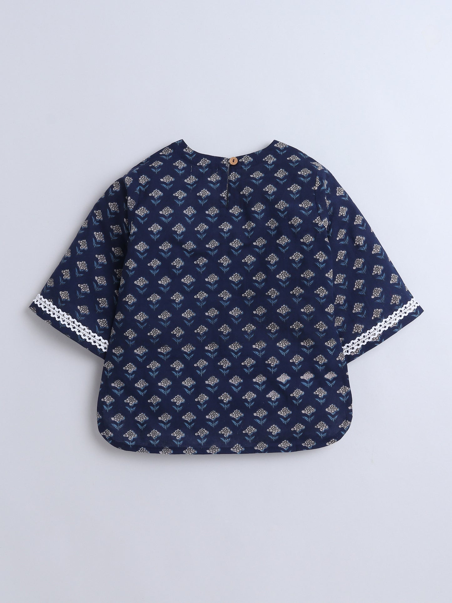 Floral Printed Cotton Lace Embelished 3/4th Sleeves Top and Pant Night Wear Lounge Wear Set For Girls Navy Blue
