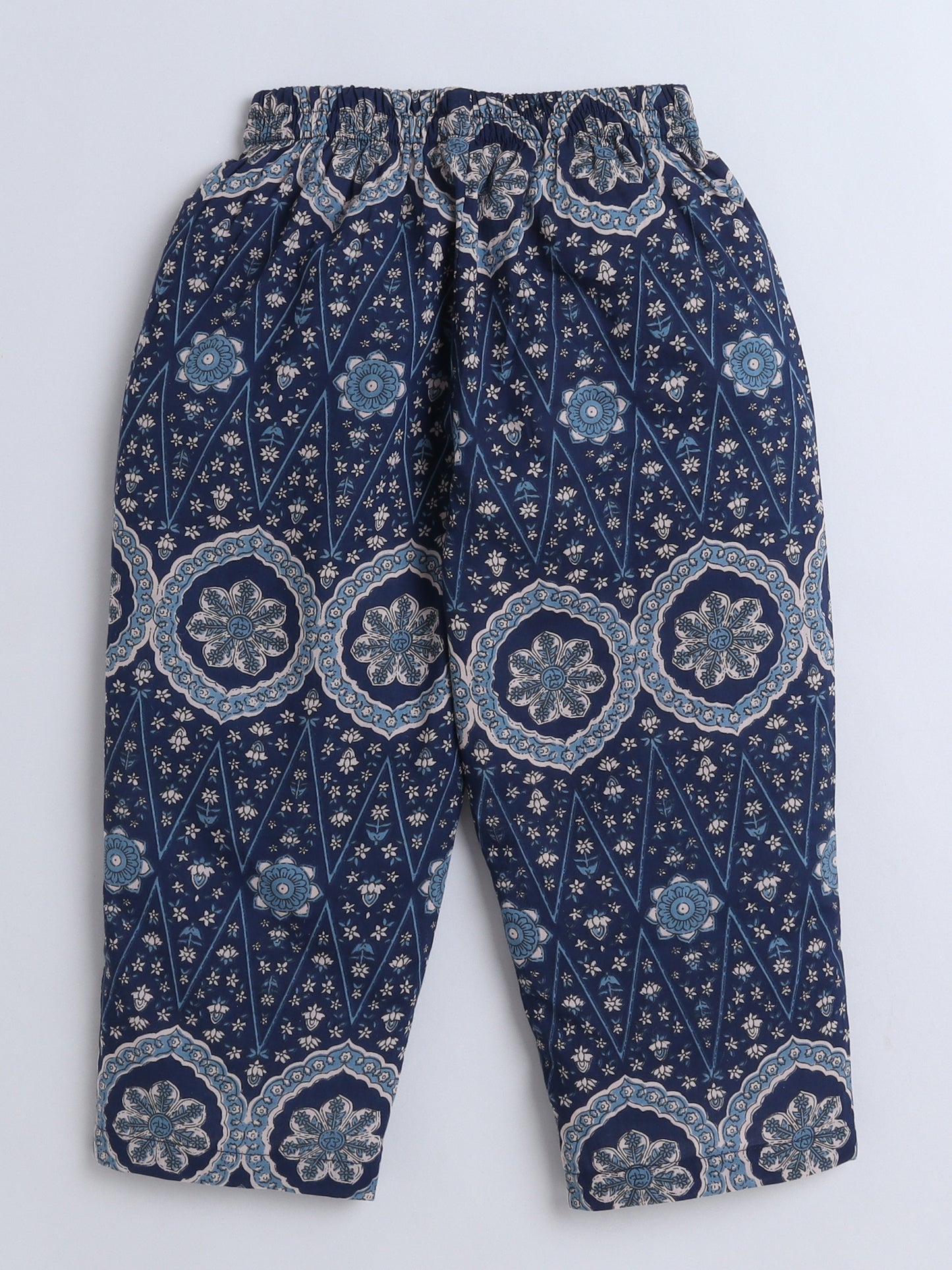 Floral Printed Cotton Lace Embelished 3/4th Sleeves Top and Pant Night Wear Lounge Wear Set For Girls Navy Blue