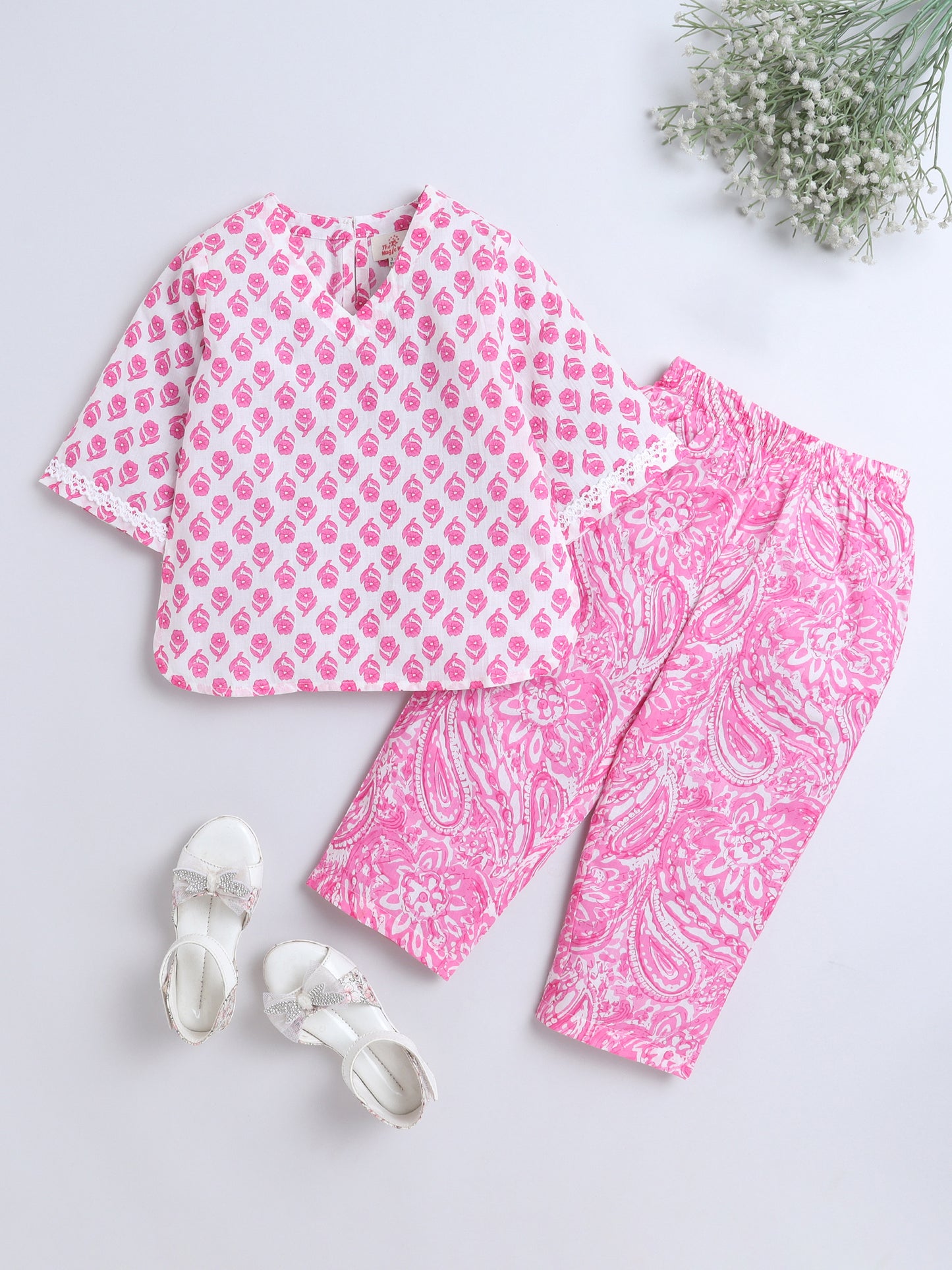 Cotton Floral Printed Lace Embelished 3/4th Sleeves Top and Pant Night Wear Lounge Wear Set For Girls Pink