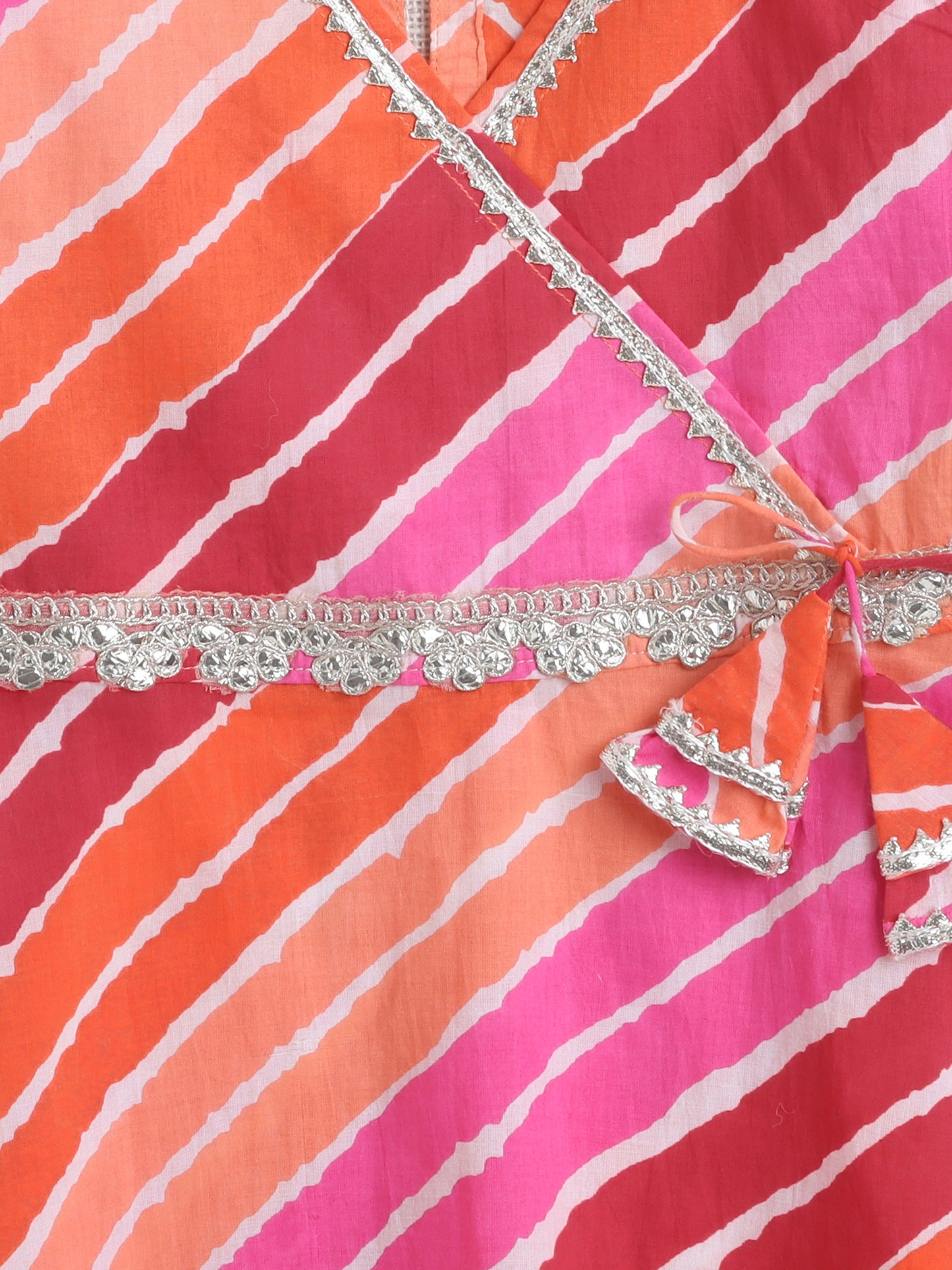Three Fourth Sleeves Leheriya Designed & Gota Lace Embellished Angrakha Style Kurta With Coordinating Harem Pant Fuchsia & Orange
