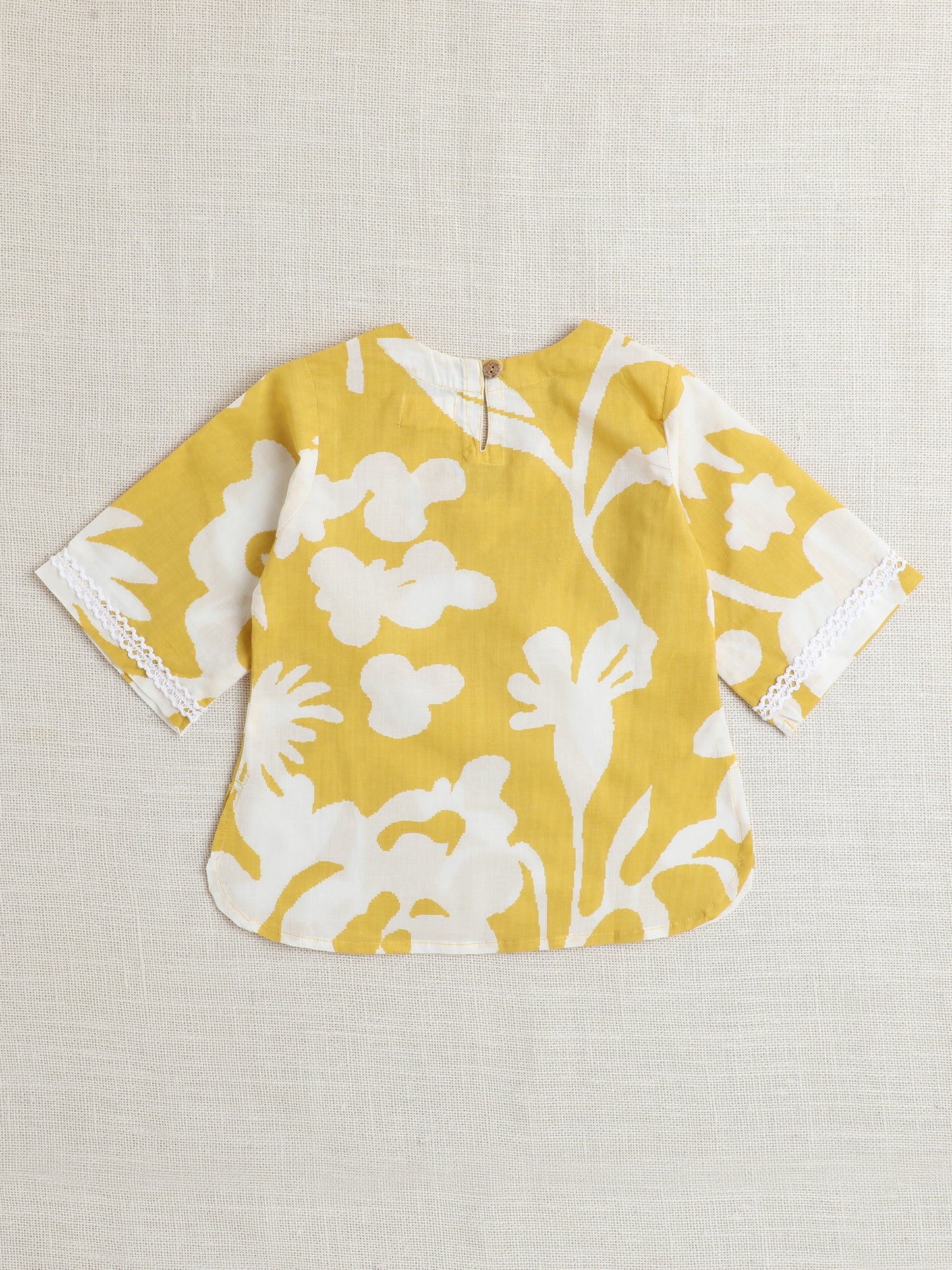 Full Sleeves Floral Print Kurta and Polka Dot Pant Set- Yellow