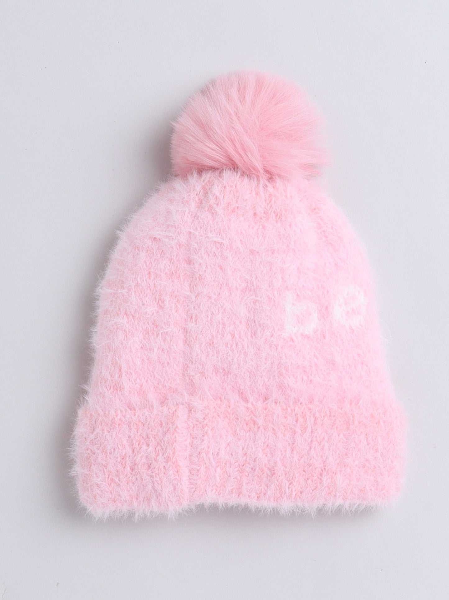 Kids Cute Bear Design Woolen Cap With Pom Pom Pink