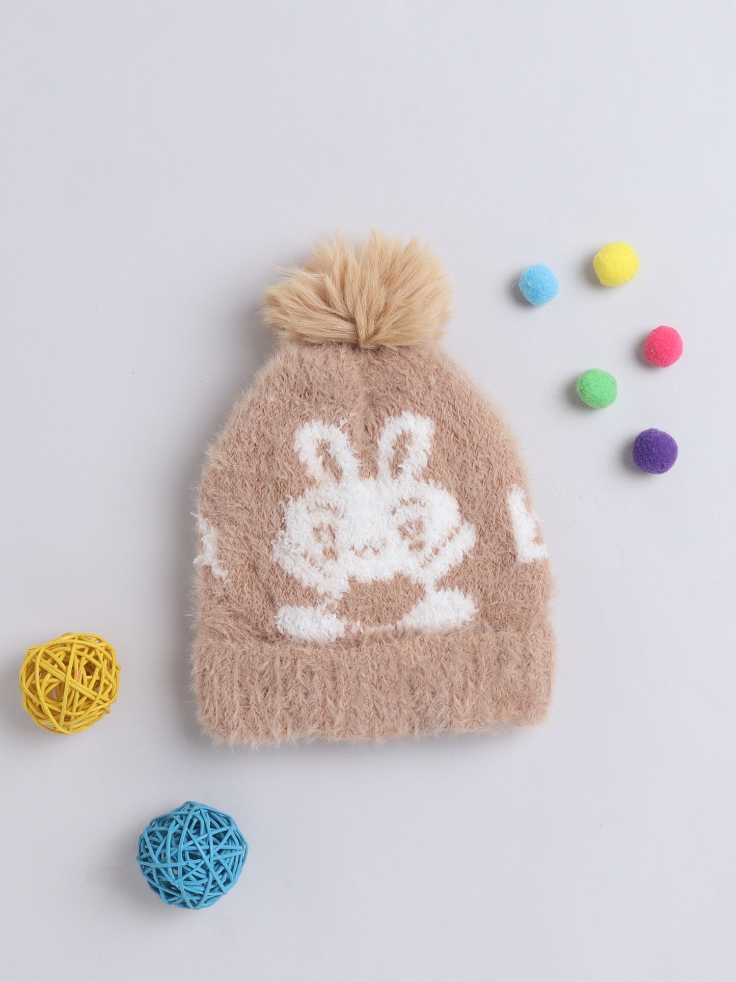 Kids Cute Fox Design Woolen Cap With Pom Pom Brown