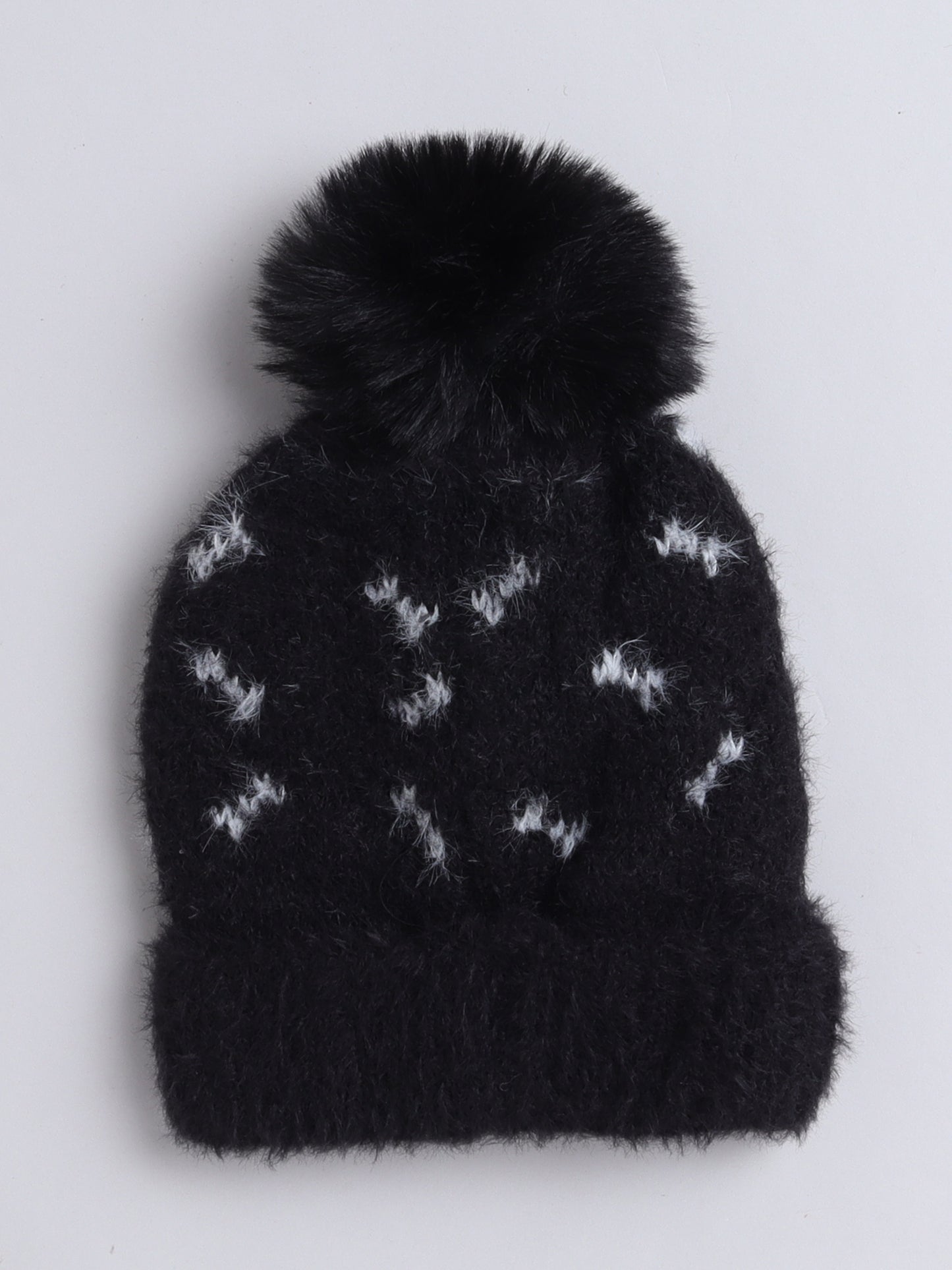 Kids Cute Fox Design Woolen Cap With Pom Pom Black