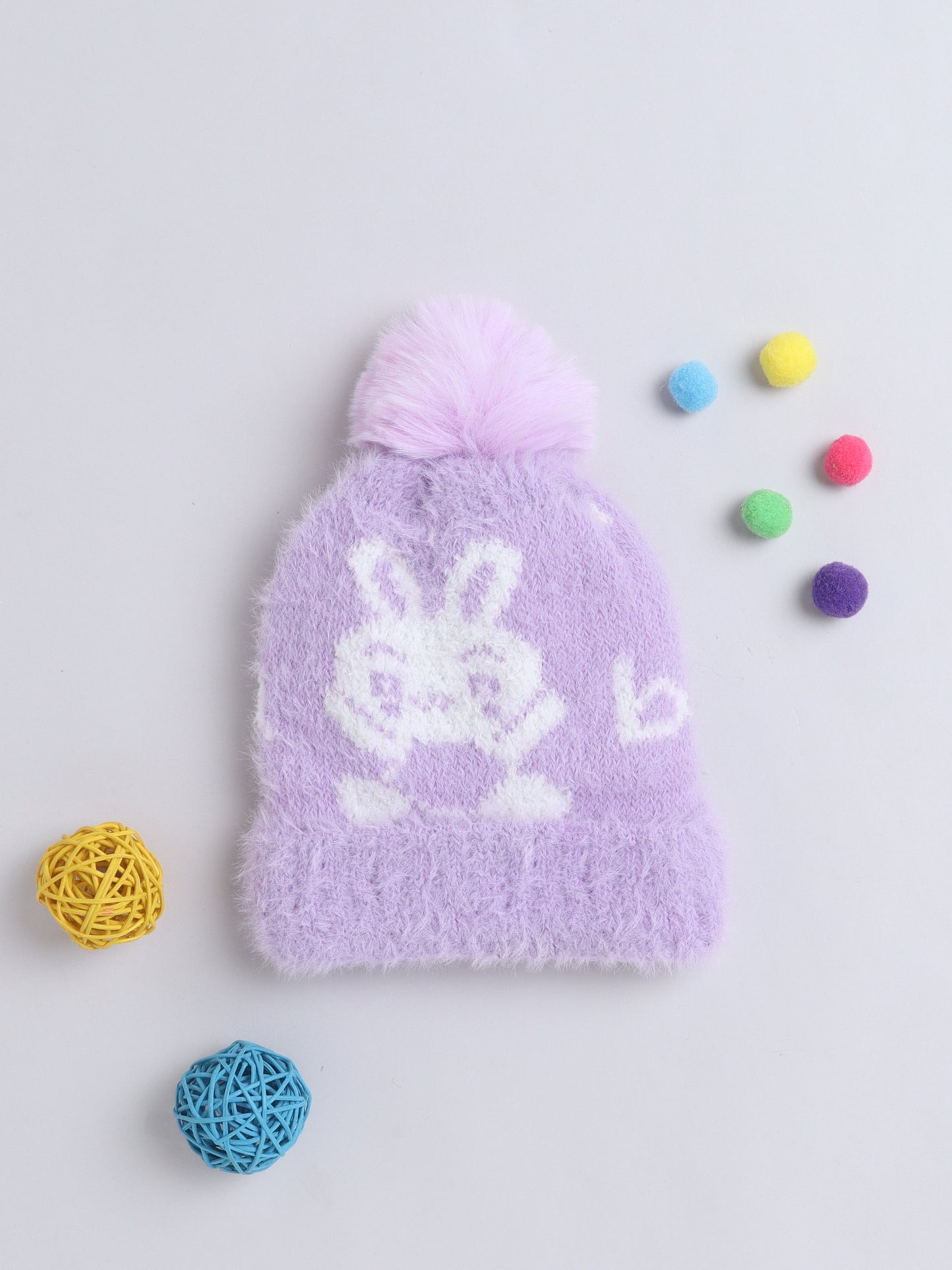 Kids Cute Bear Design Woolen Cap With Pom Pom Purple