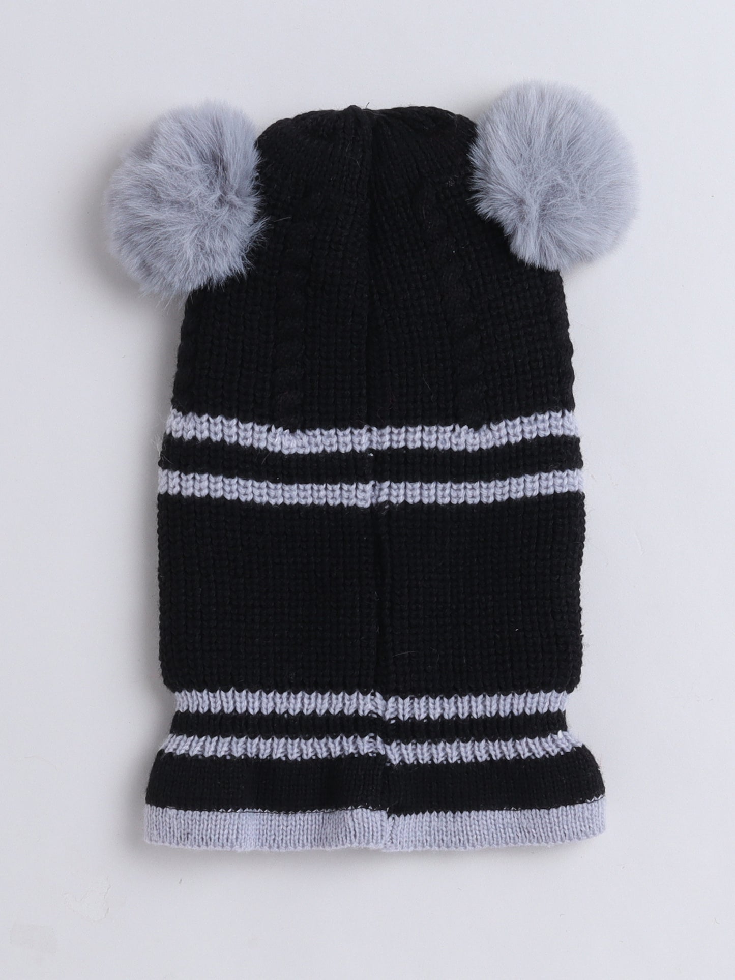 Kids Stipes Design Monkey Cap With Pom Pom Black