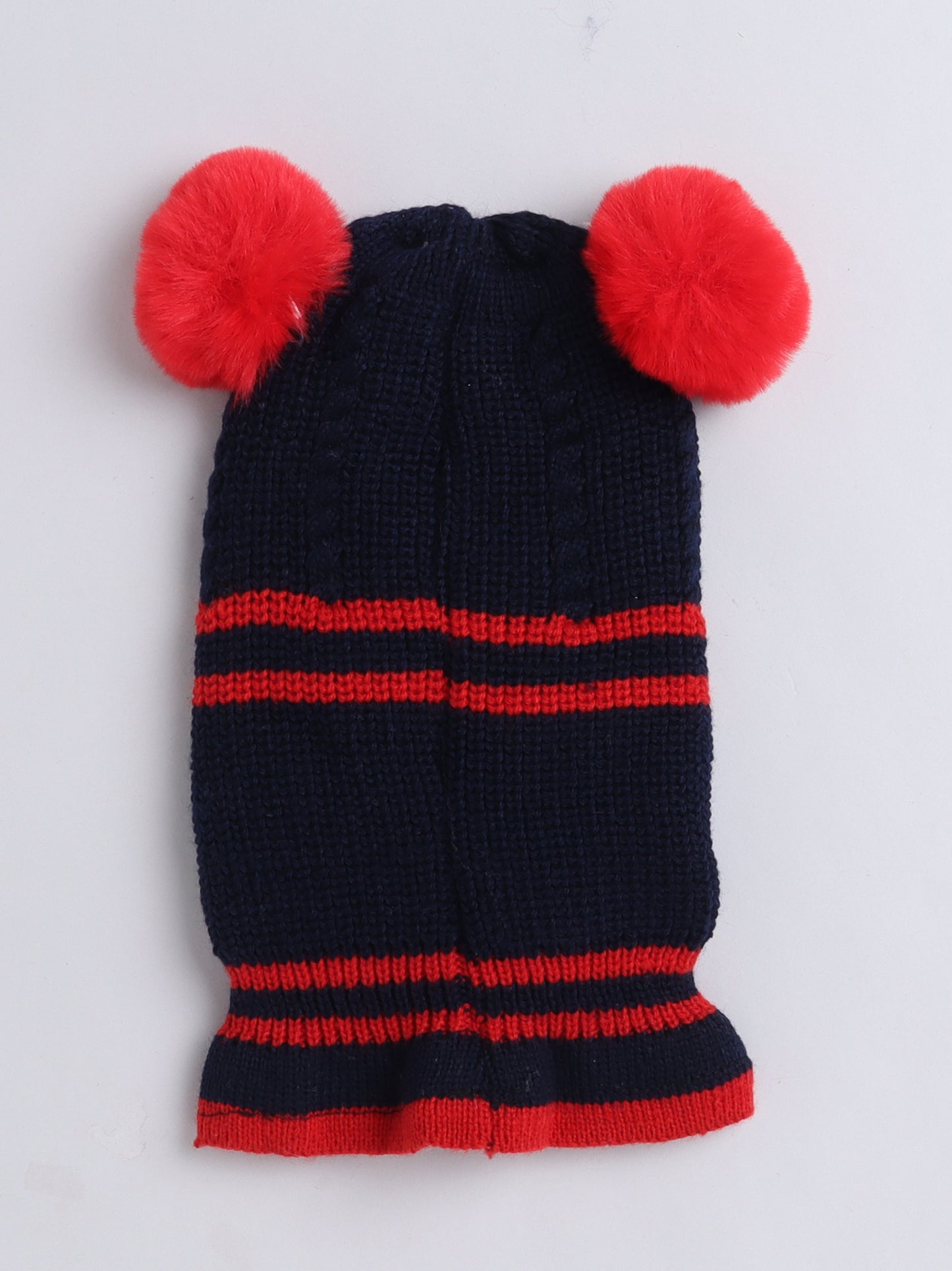 Kids Stipes Design Monkey Woolen Cap With Pom Pom Navy Blue