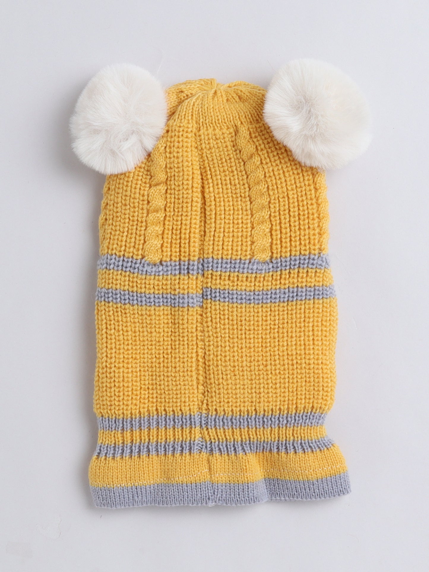 Kids Stipes Design Monkey Woolen Cap With Pom Pom Mustard