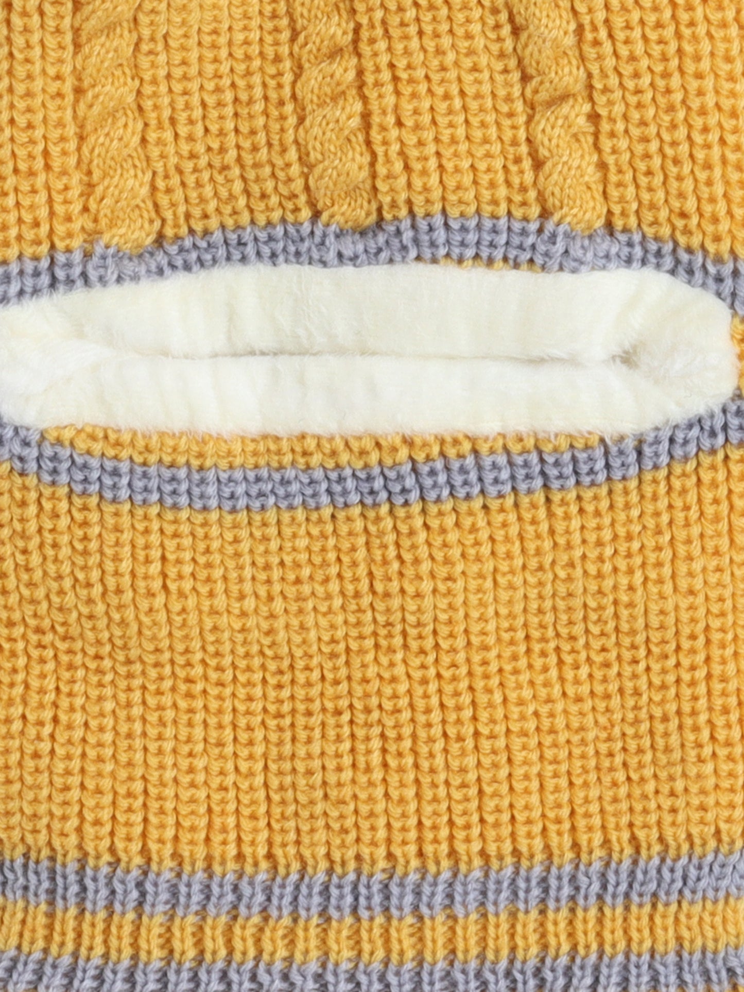 Kids Stipes Design Monkey Woolen Cap With Pom Pom Mustard