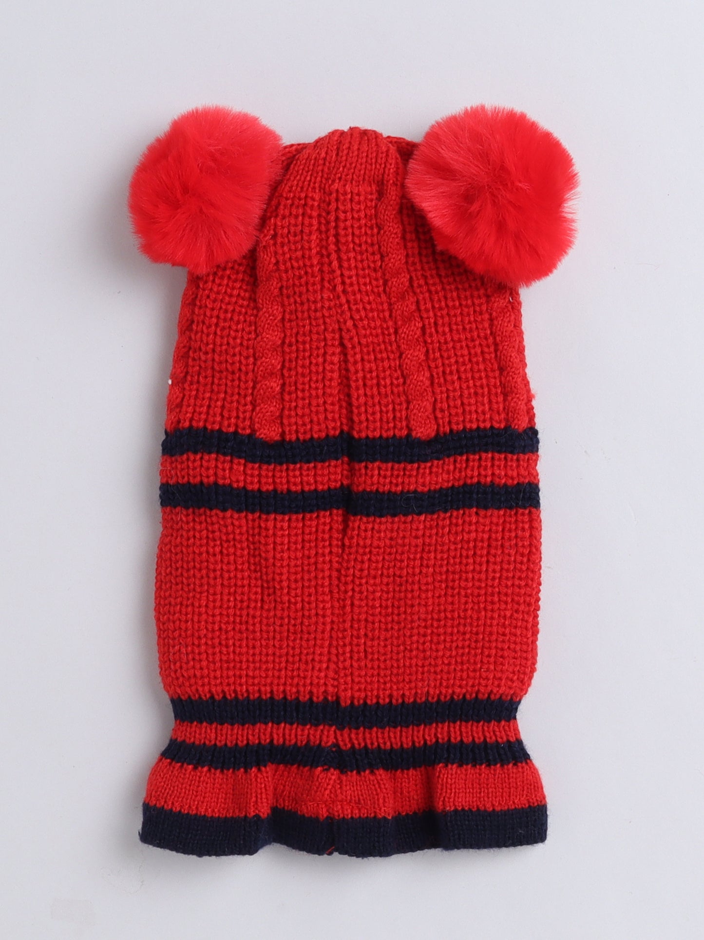 Kids Stipes Design Monkey Woolen Cap With Pom Pom Red
