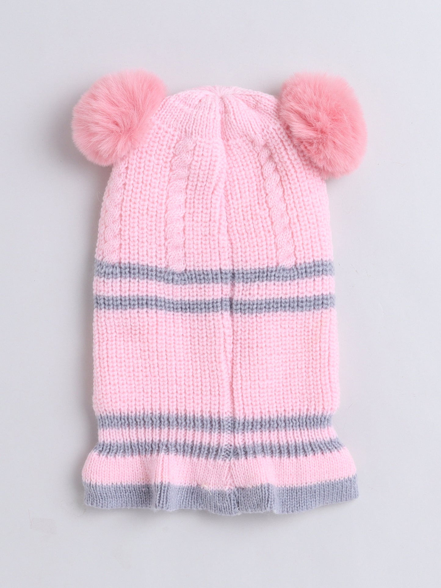 Kids Stipes Design Monkey Woolen Cap With Pom Pom Pink