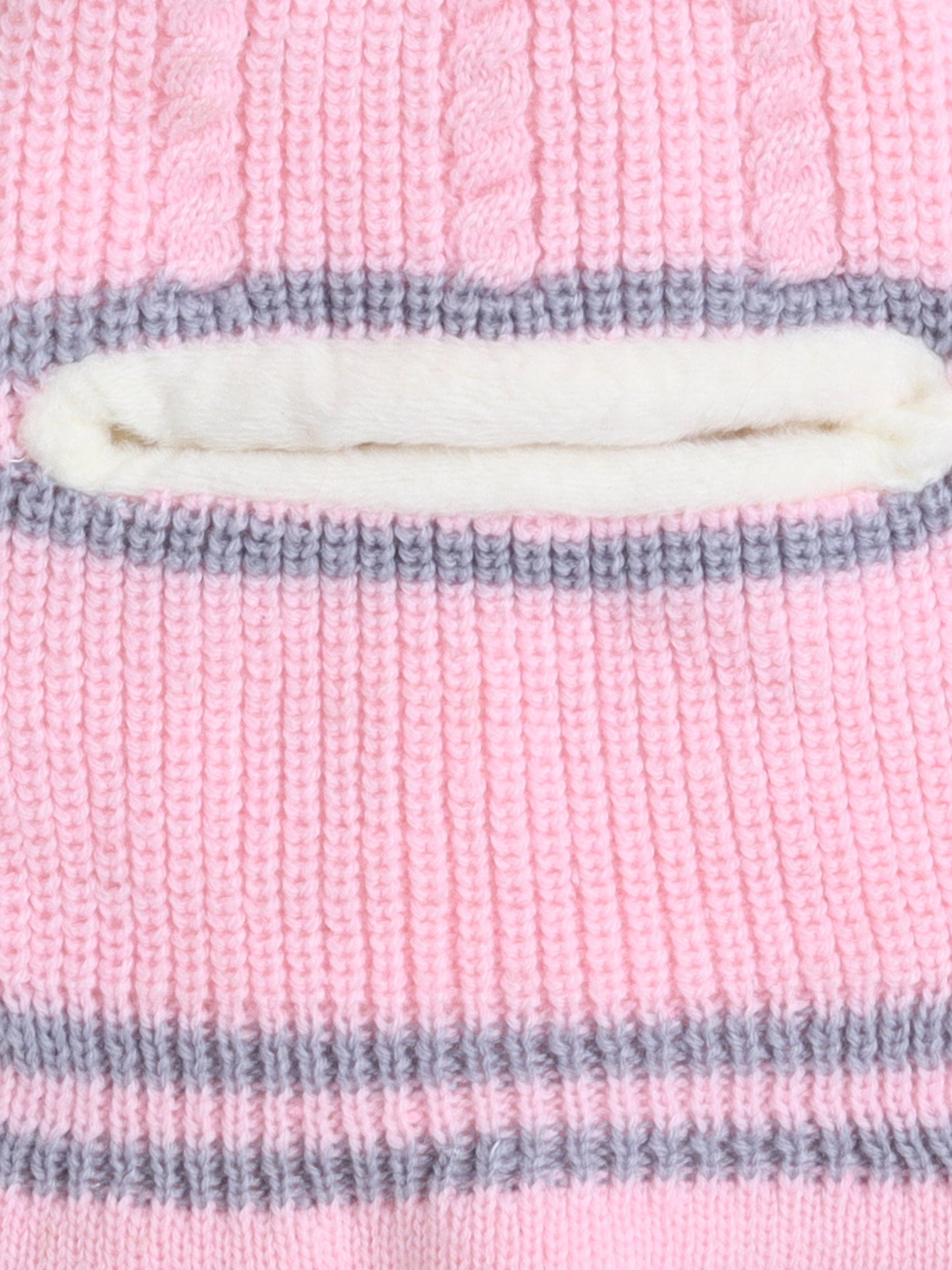 Kids Stipes Design Monkey Woolen Cap With Pom Pom Pink