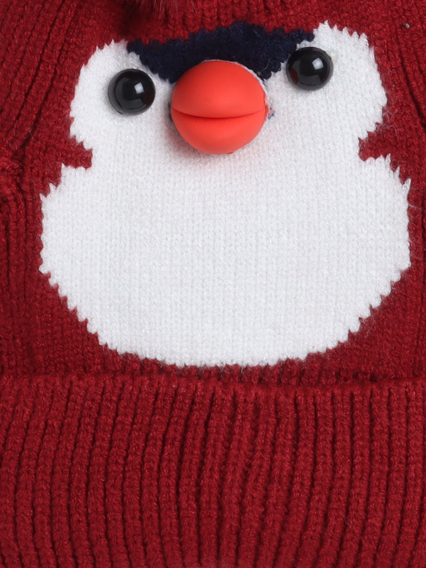 Kids Cute Penguin Design Woolen Cap With Pom Pom Maroon