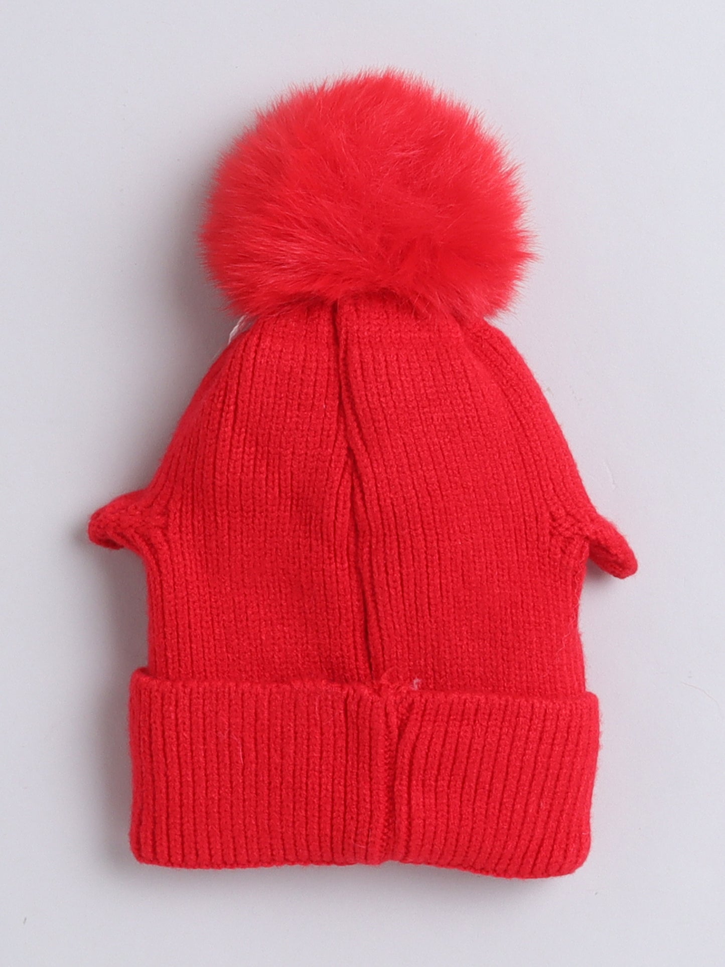 Kids Cute Penguin Design Woolen Cap With Pom Pom Red