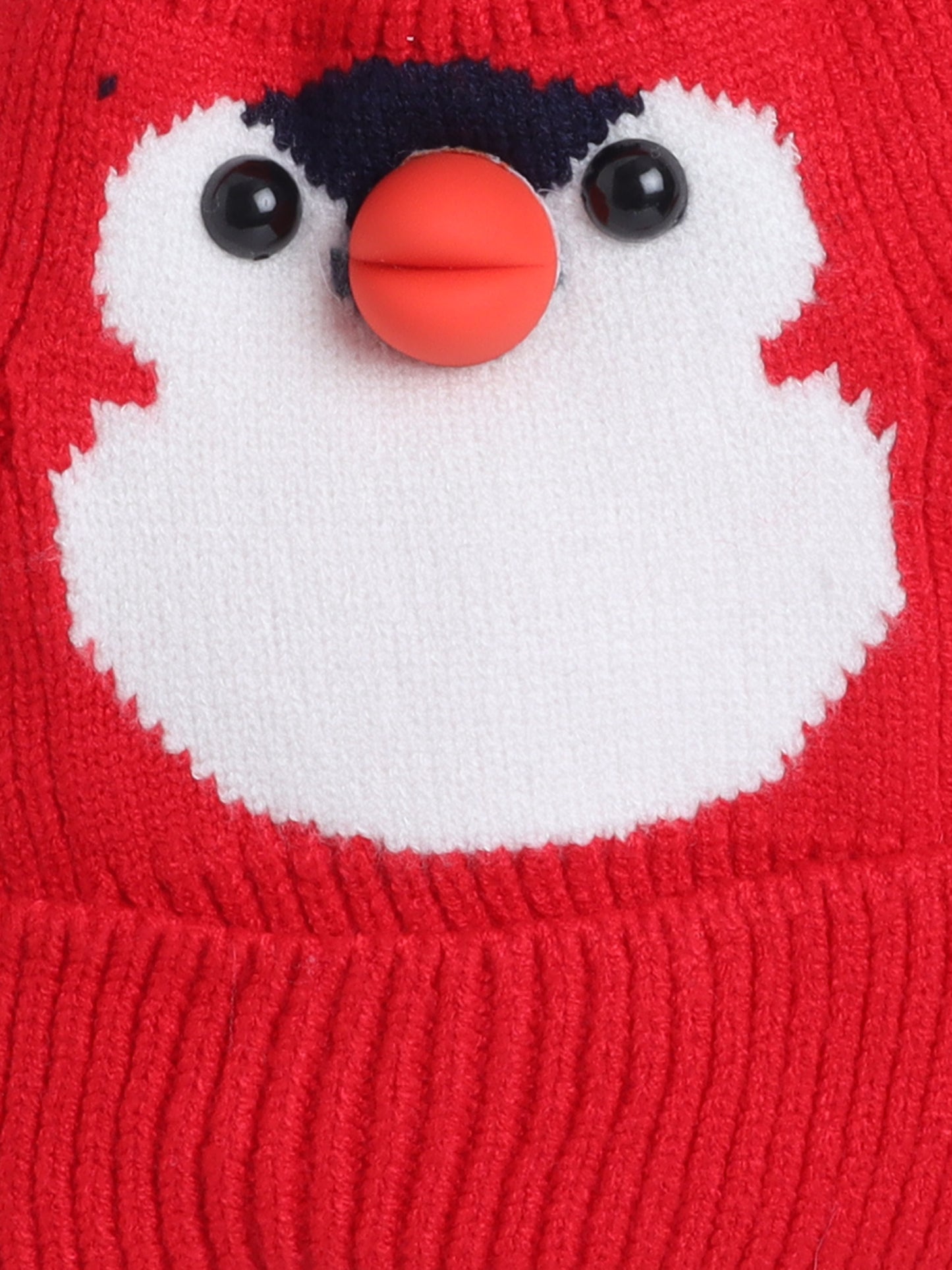 Kids Cute Penguin Design Woolen Cap With Pom Pom Red