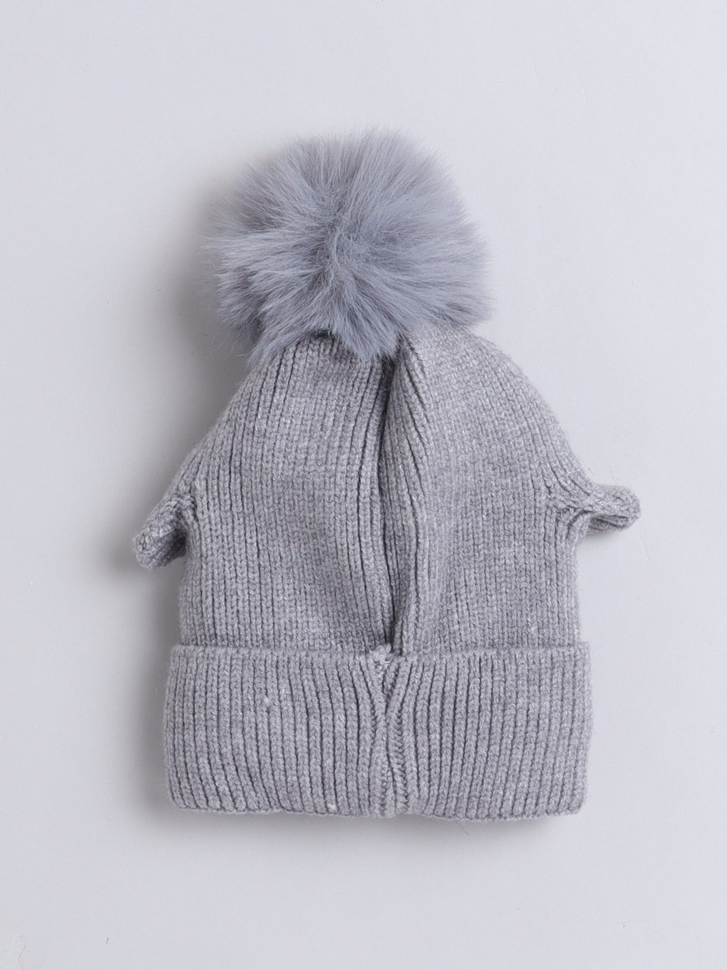 Kids Cute Penguin Design Woolen Cap With Pom Pom Grey