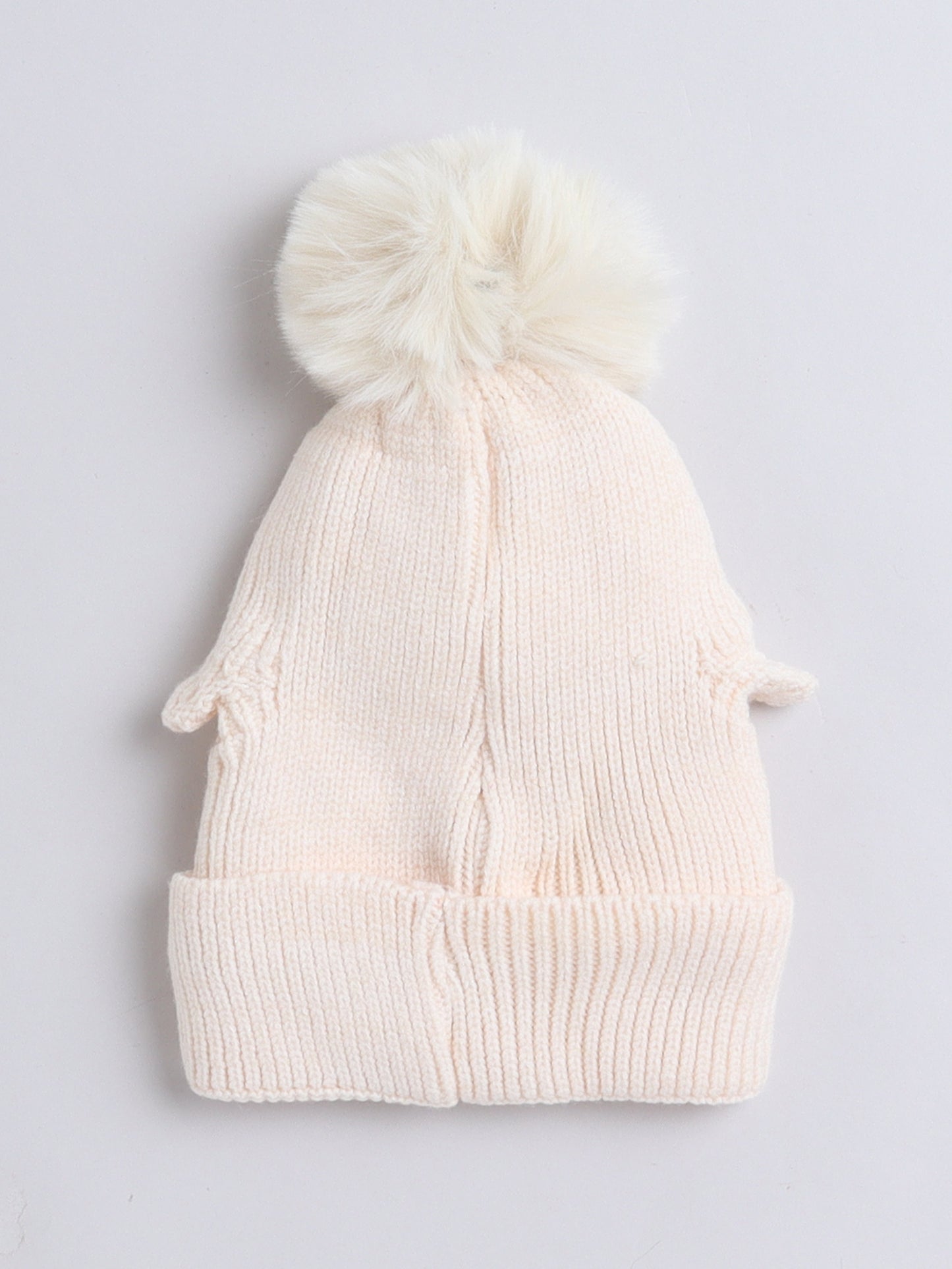 Kids Cute Penguin Design Woolen Cap With Pom Pom Beige