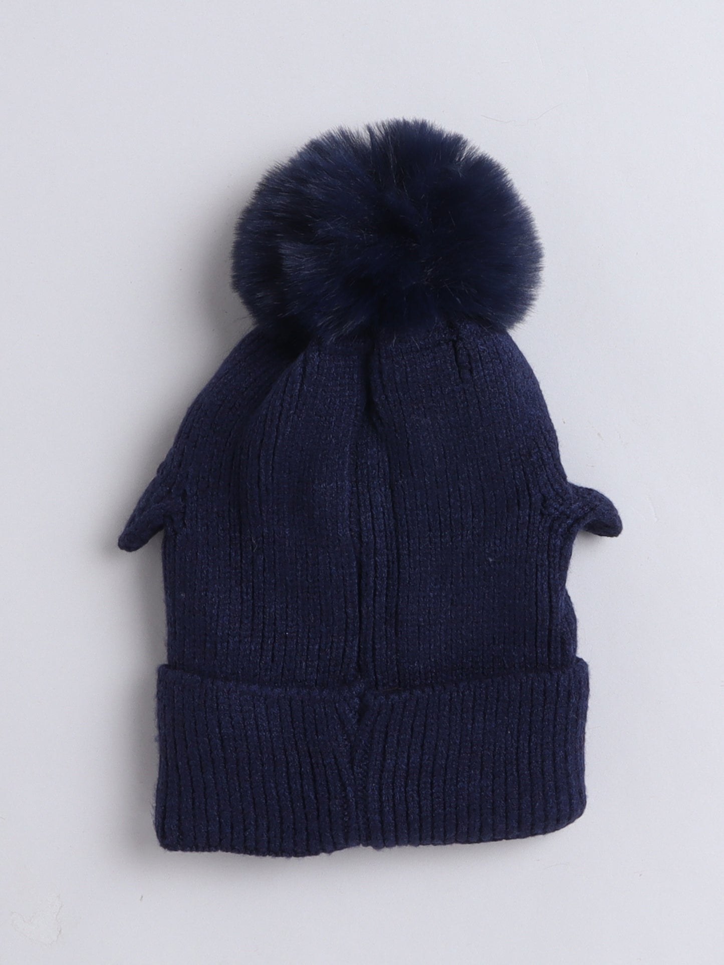 Kids Cute Penguin Design Woolen Cap With Pom Pom Navy Blue