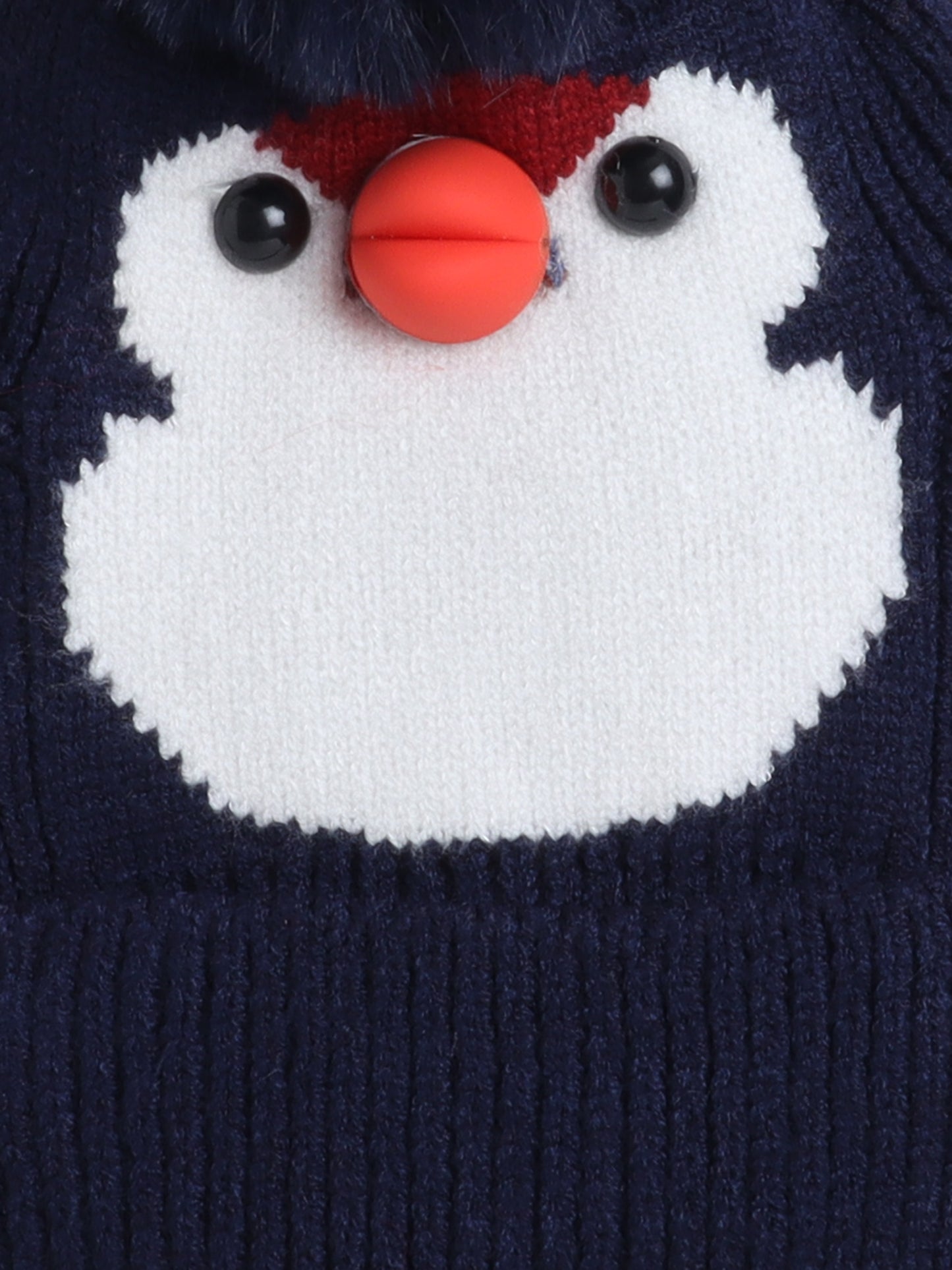 Kids Cute Penguin Design Woolen Cap With Pom Pom Navy Blue
