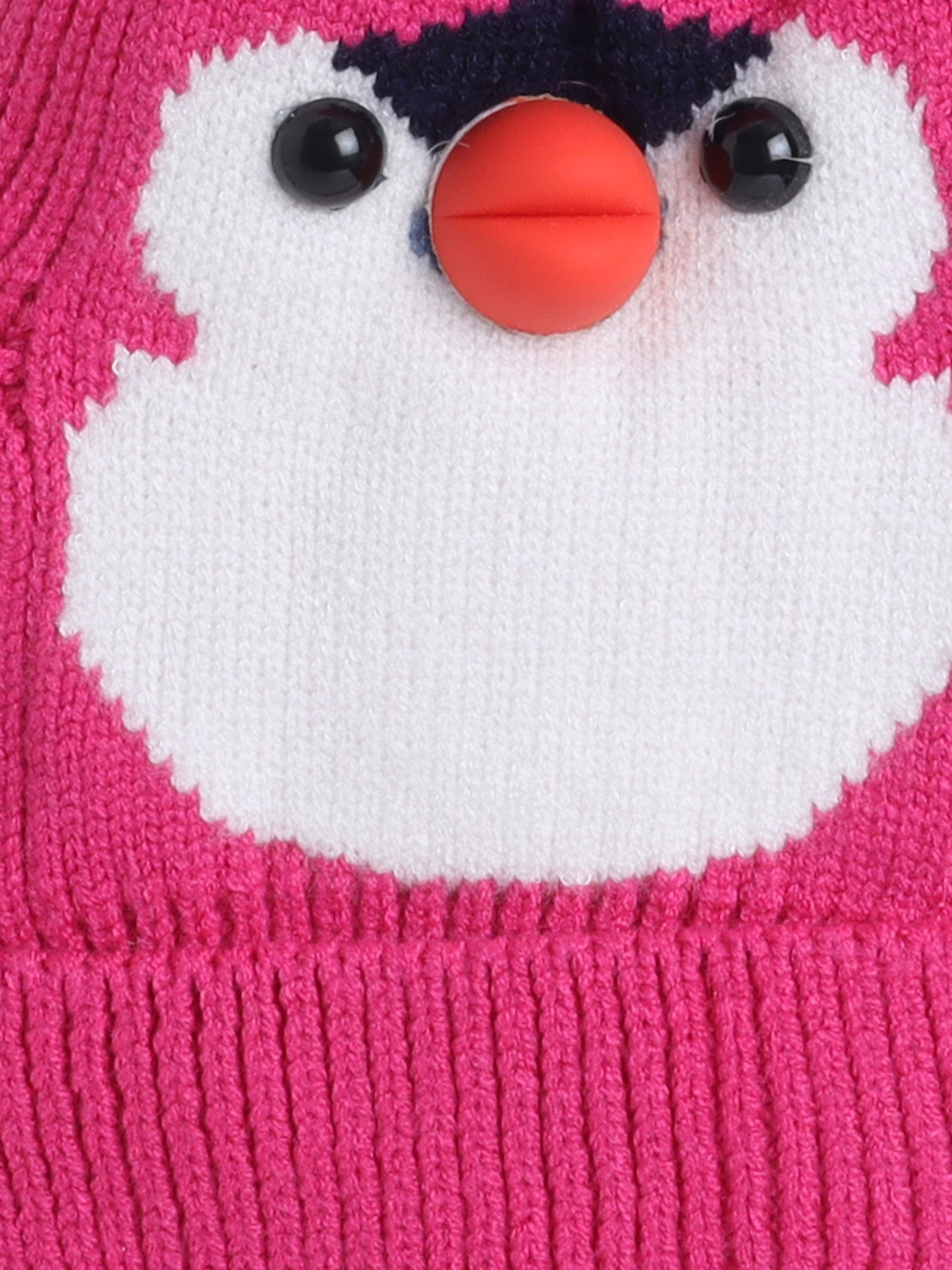 Kids Cute Penguin Design Woolen Cap With Pom Pom Pink