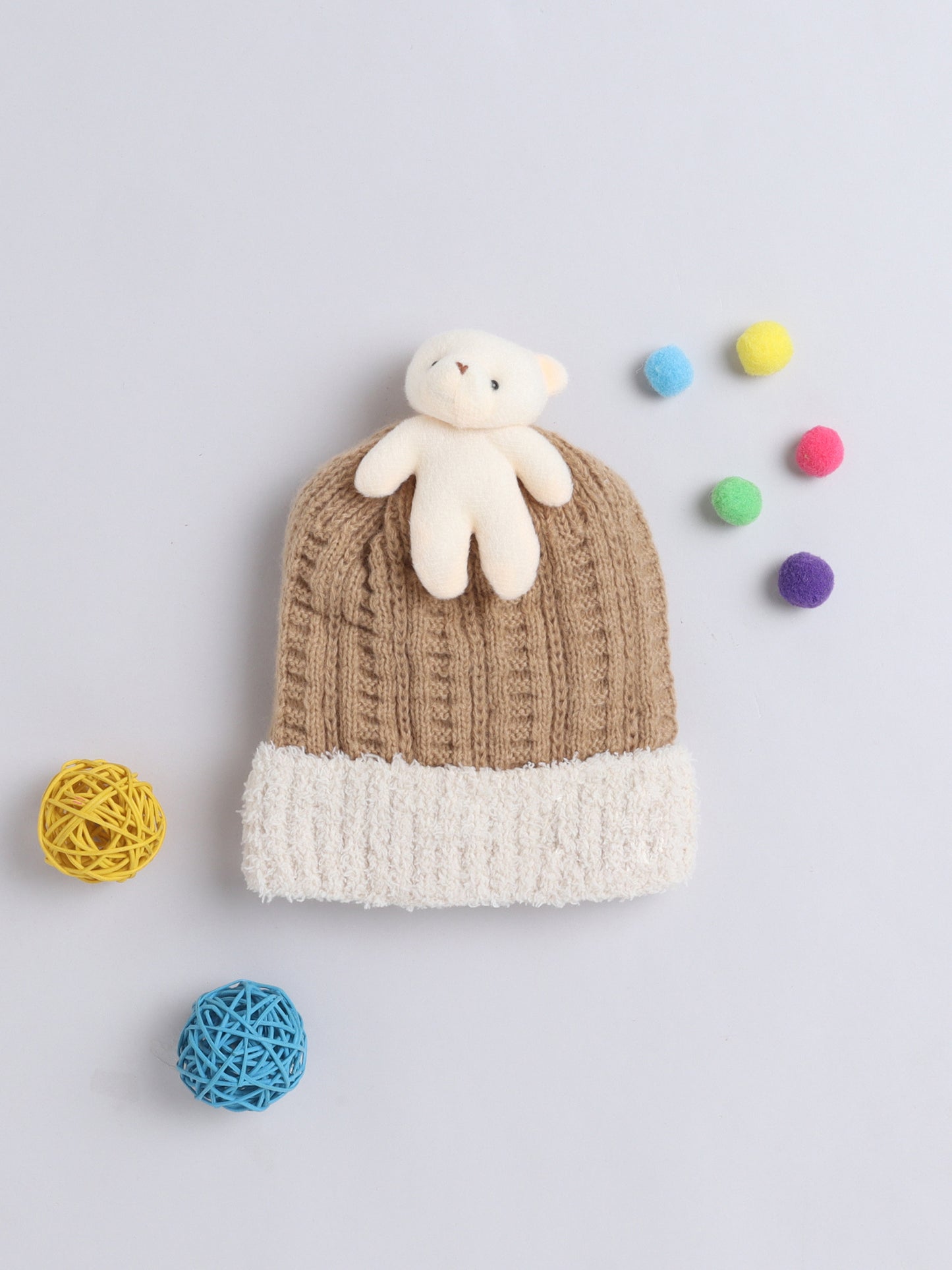 Kids Cute Bear Applique Woolen Cap Brown