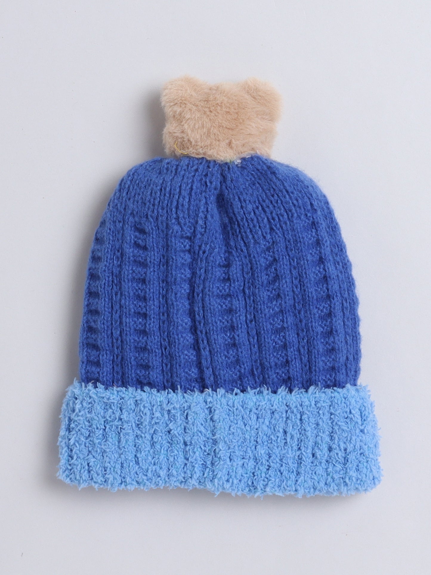 Kids Cute Bear Face Applique Woolen Cap Blue