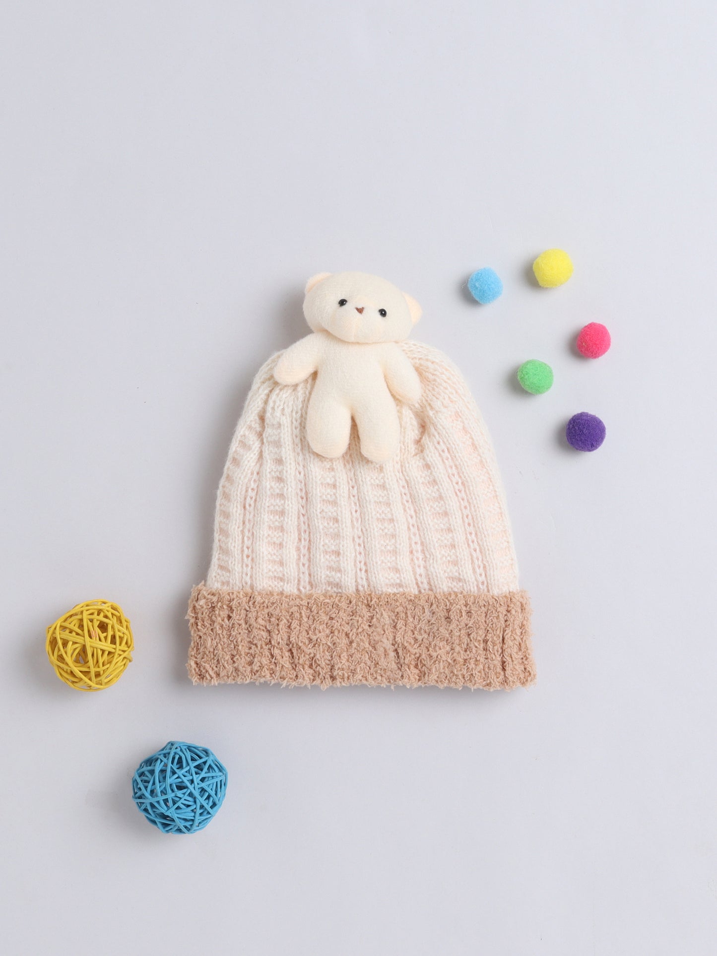 Kids Cute Bear Applique Woolen Cap Off White