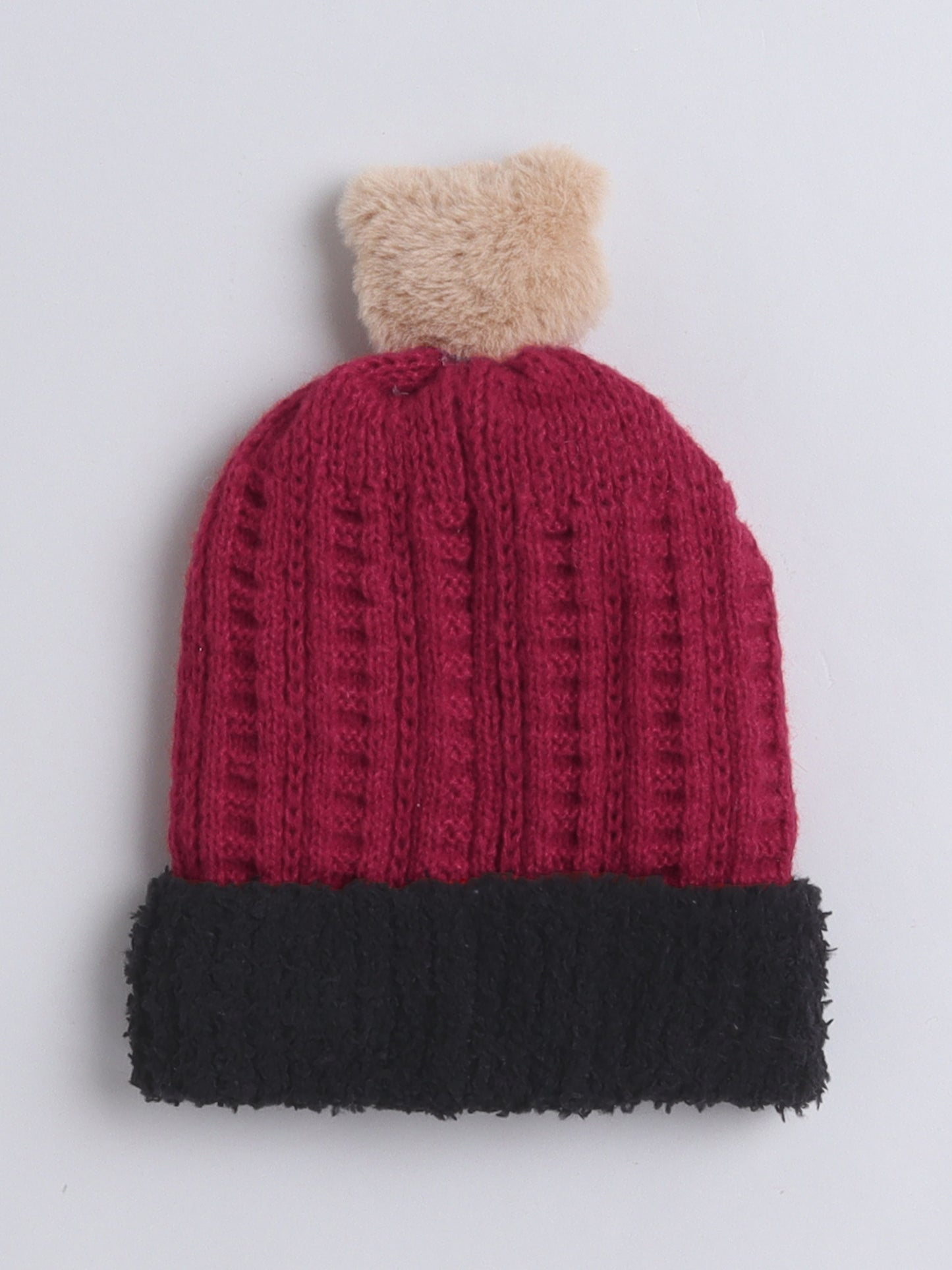 Kids Cute Bear Applique Woolen Cap Maroon